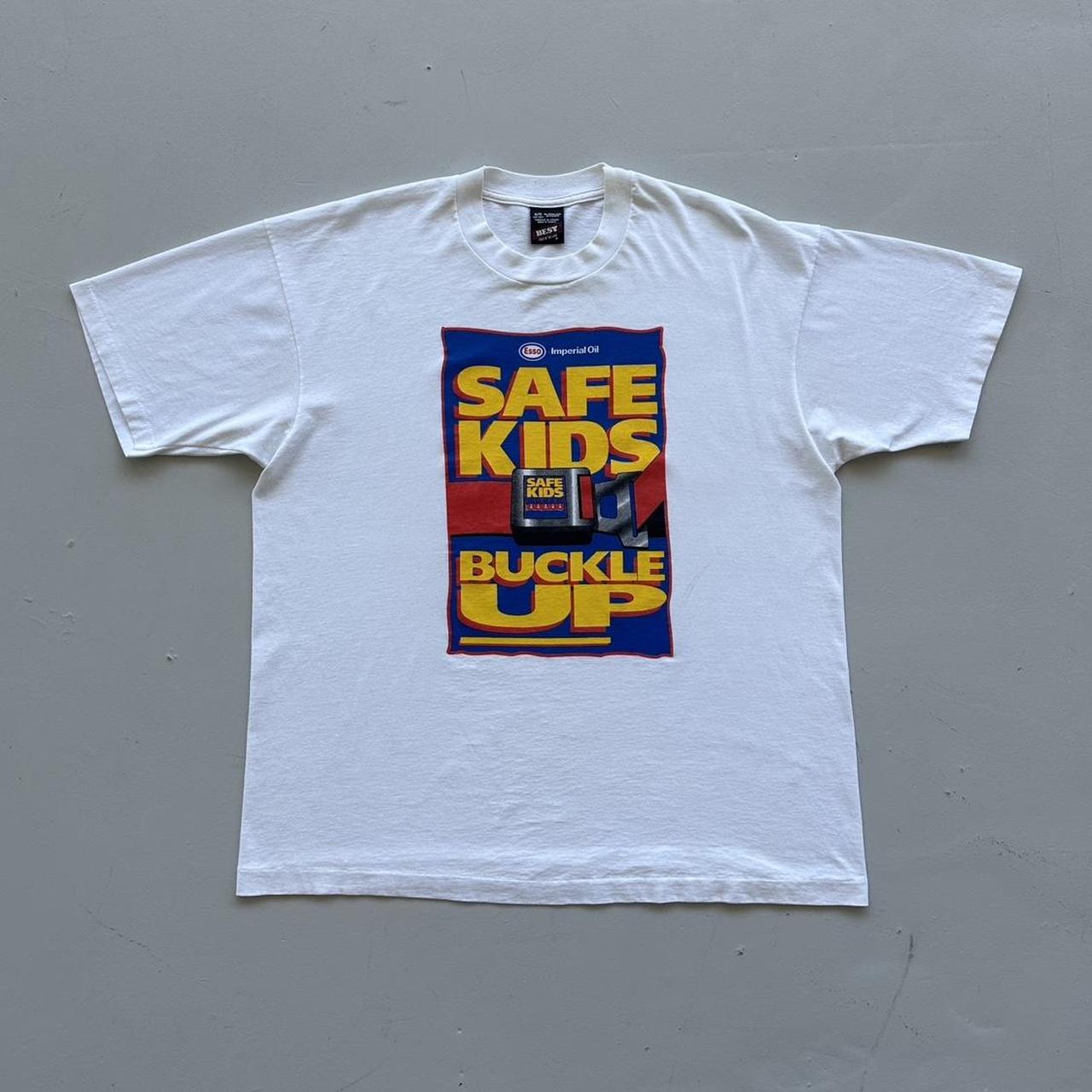White Esso Safe Kids Buckle Up 90s Vintage T-shirt - XL