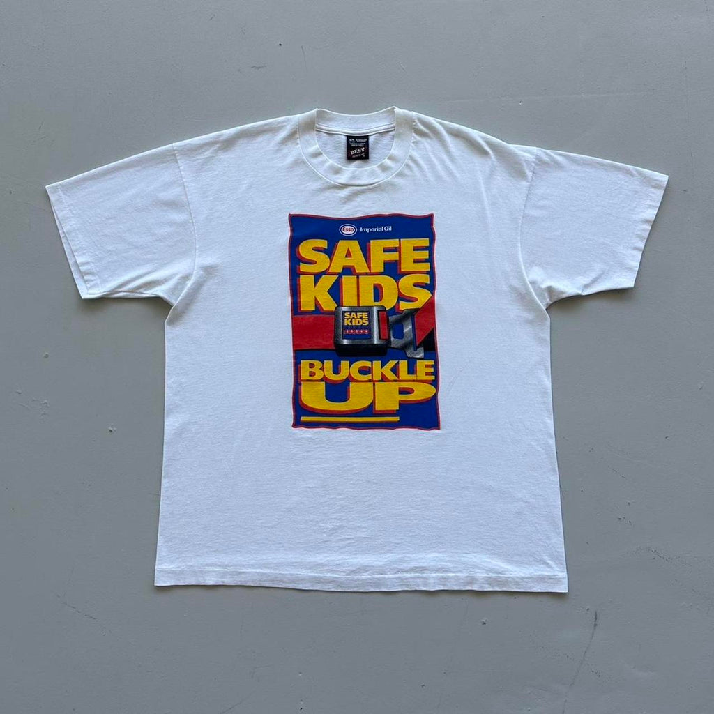 White Esso Safe Kids Buckle Up 90s Vintage T-shirt - XL