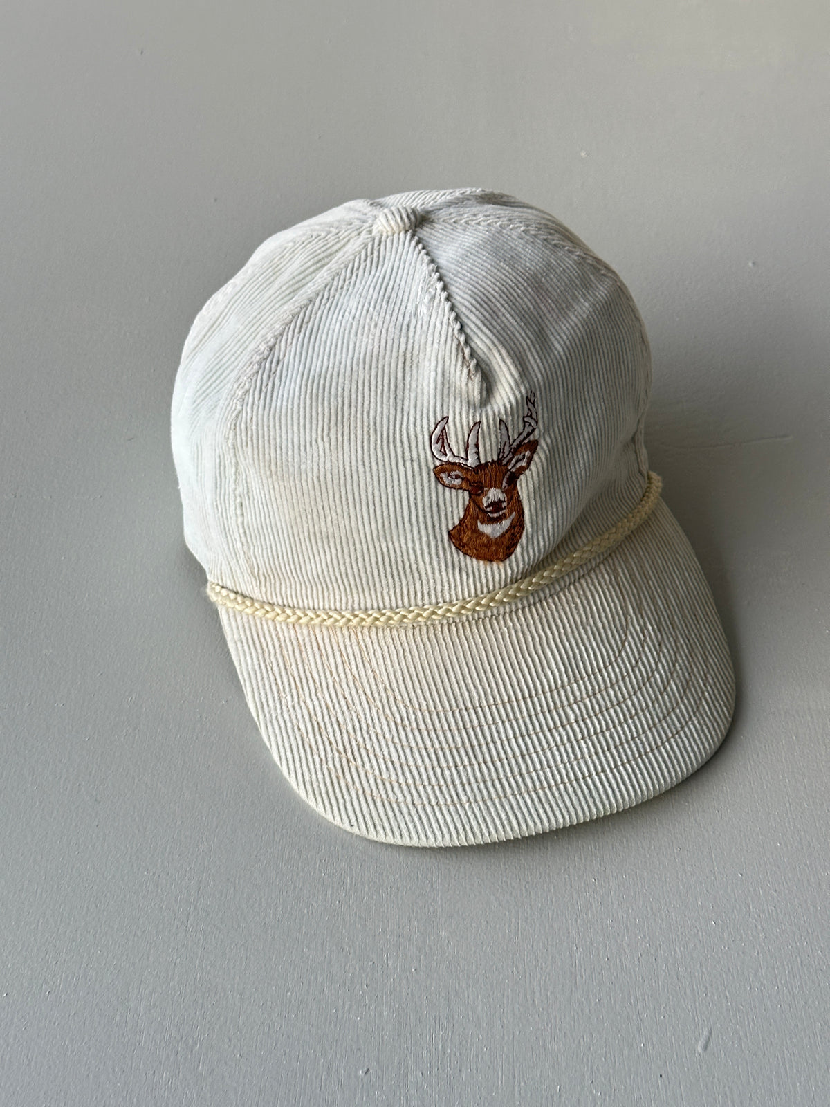 Cream Deer Stag Corduroy 80's Vintage SnapBack Trucker Cap