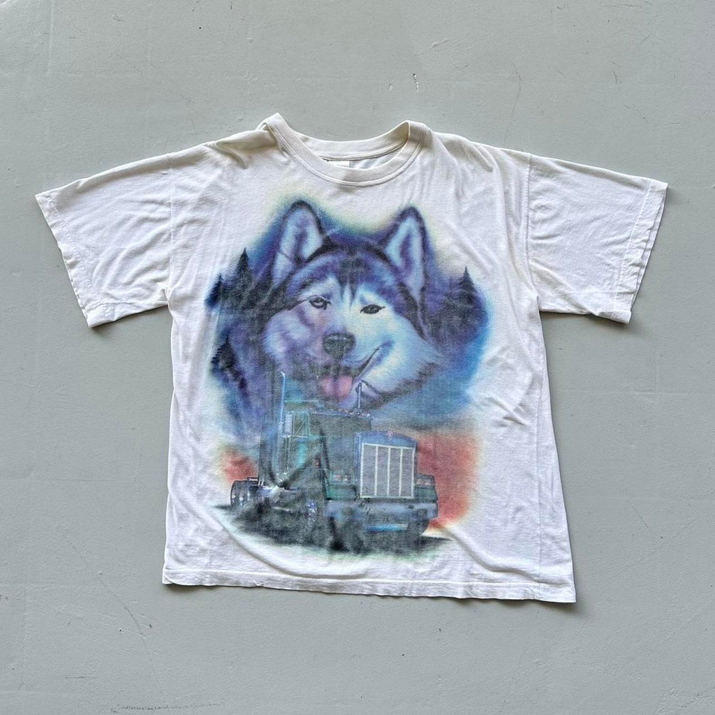 White Airbrushed Husky / Trucker Vintage 90's T-shirt - XL