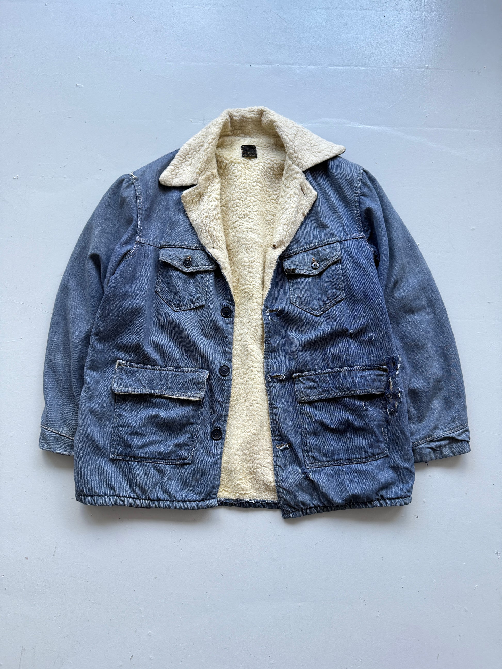 Blue Denim Sherpa Lined 70's Vintage Thrashed Jacket - XL