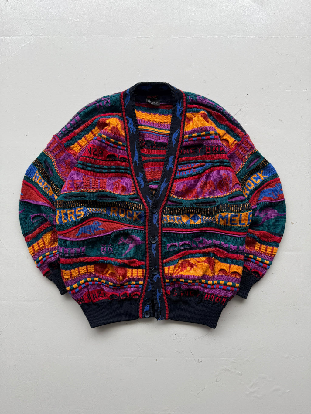 Colourful 3D Knit Woollen 90's Australian Hysport Cardigan -14 / Mens Medium