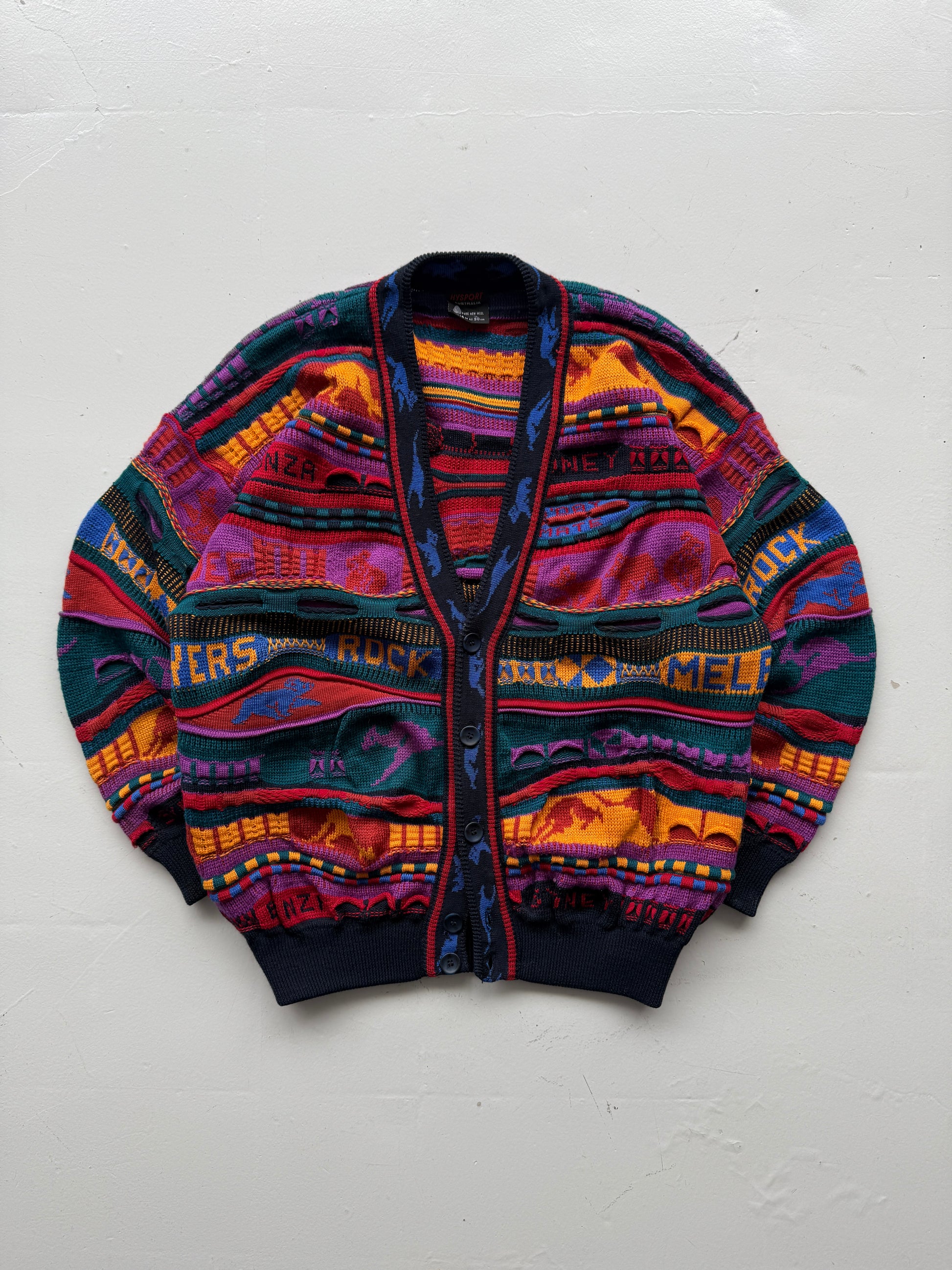 Colourful 3D Knit Woollen 90's Australian Hysport Cardigan -14 / Mens Medium