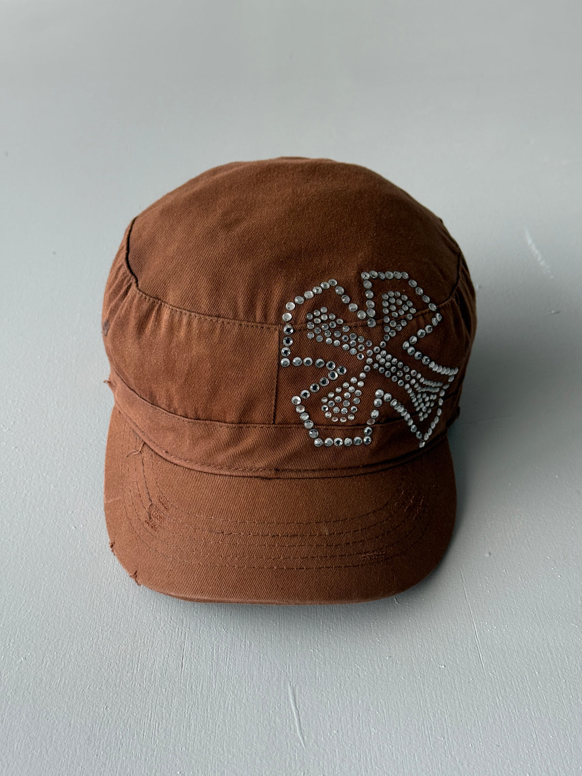 Brown Cross Studded Surf Y2K Cadet Cap Military Style 00's Grunge Aesthetic