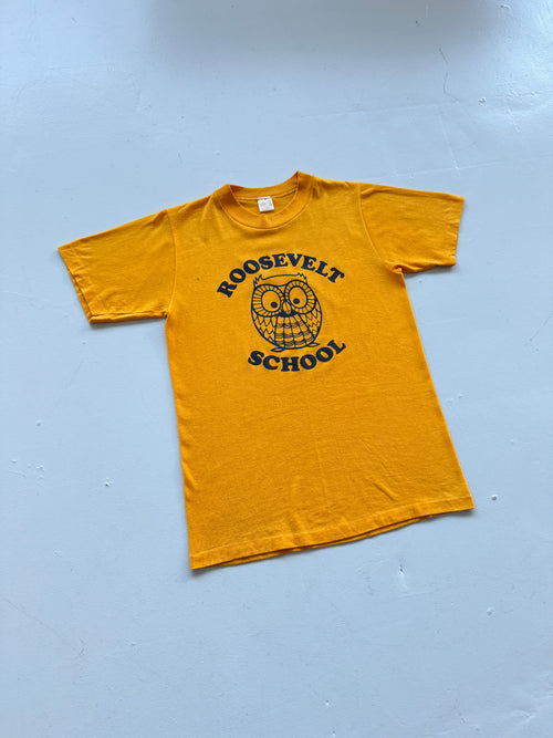 Gold Roosevelt School Owl 80's Vintage Single Stitch Graphic T-Shirt - Small