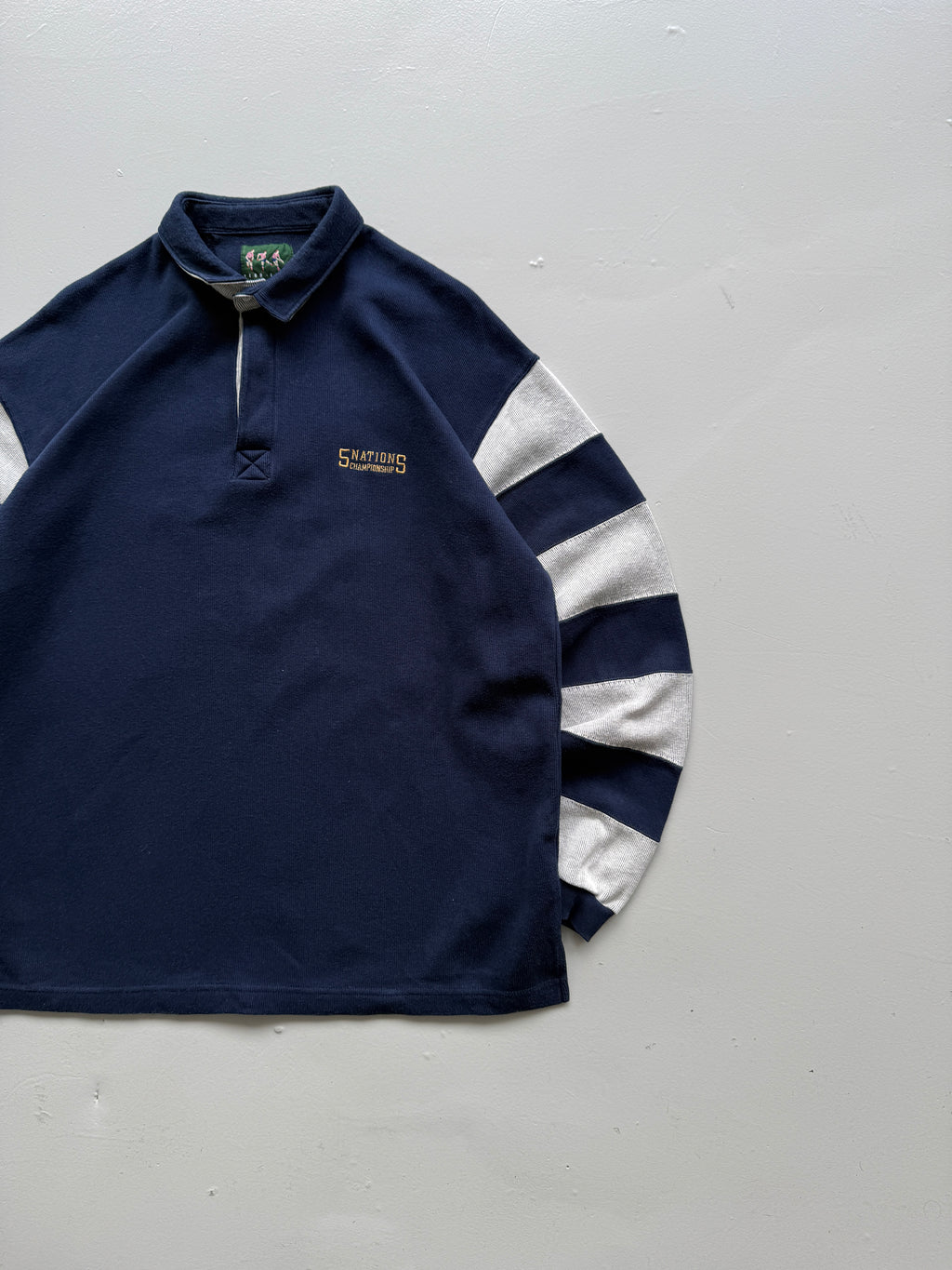 Navy Blue Five Nations 90's Vintage Long Sleeve Rugby Polo Jersey - XL