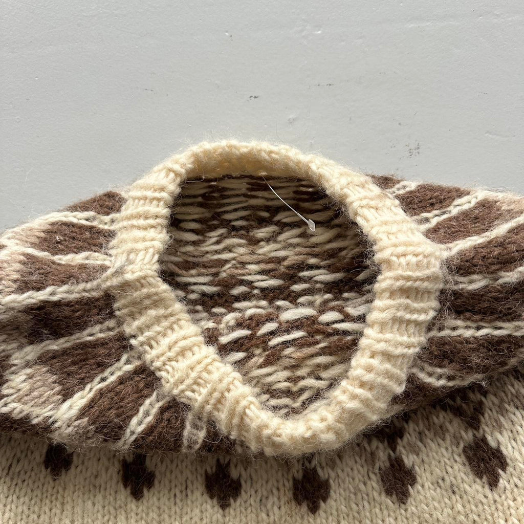 Cream Brown Patterned Hand Knit Vintage Woollen Jumper - Large 10/12