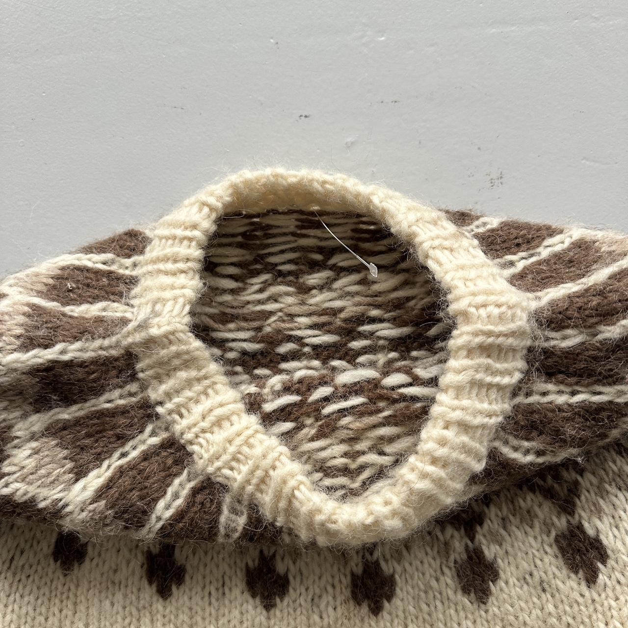 Cream Brown Patterned Hand Knit Vintage Woollen Jumper - Large 10/12
