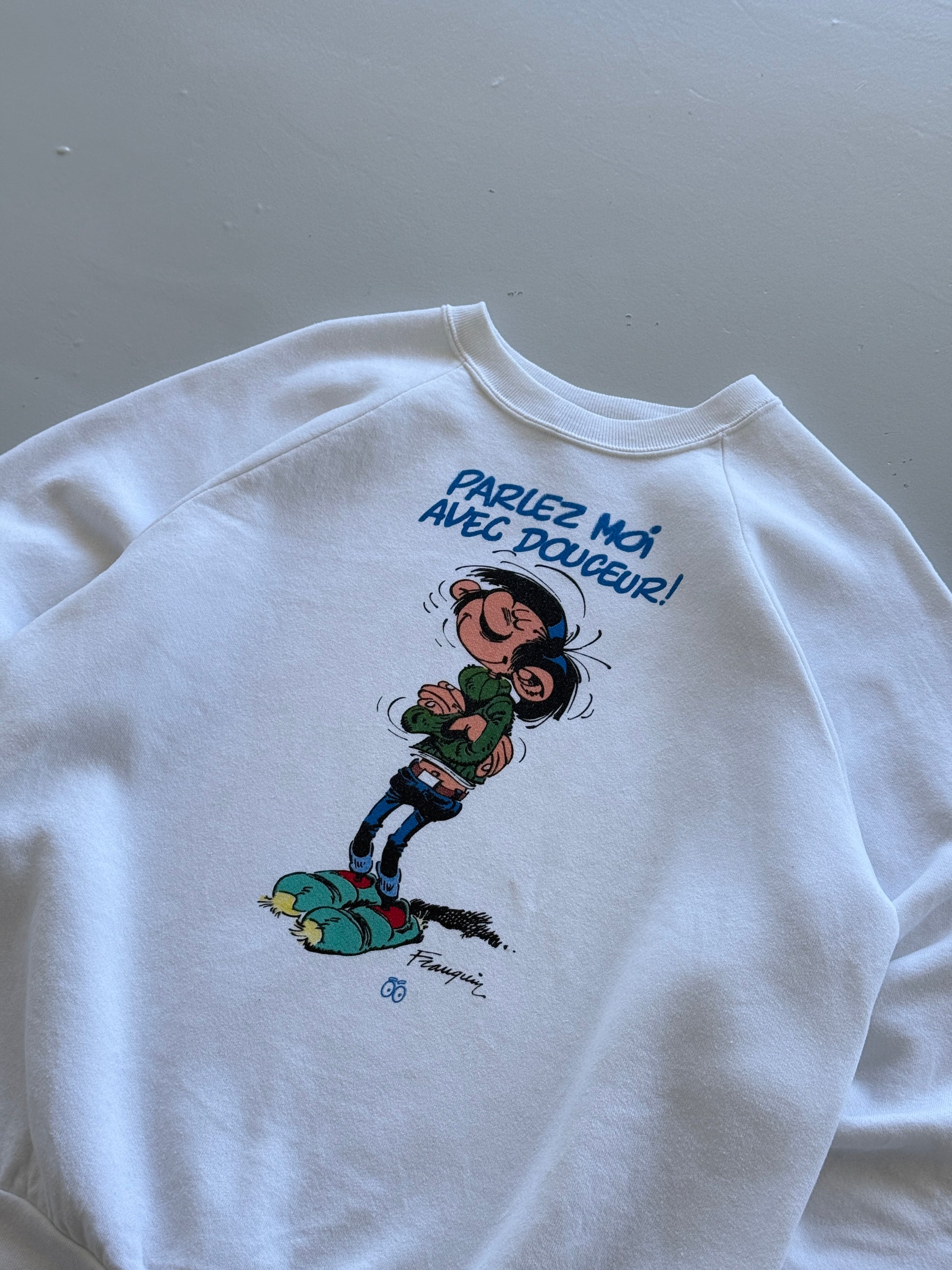 White Gaston Lagaffe 90's Vintage French Cartoon Sweatshirt - XL