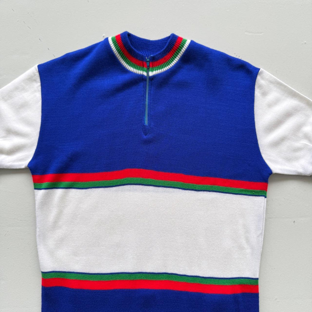 Blue Striped Flower 80's Deadstock Knit Cycling Jersey - Small