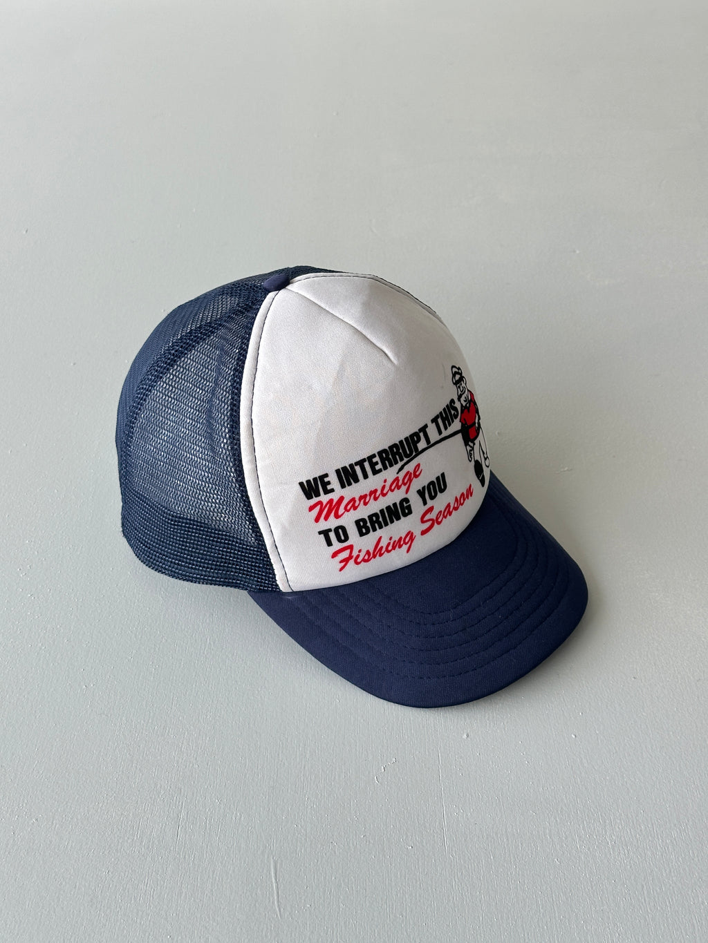 White / Navy Fishing Season 90's Vintage Foam and Mesh SnapBack Trucker Cap