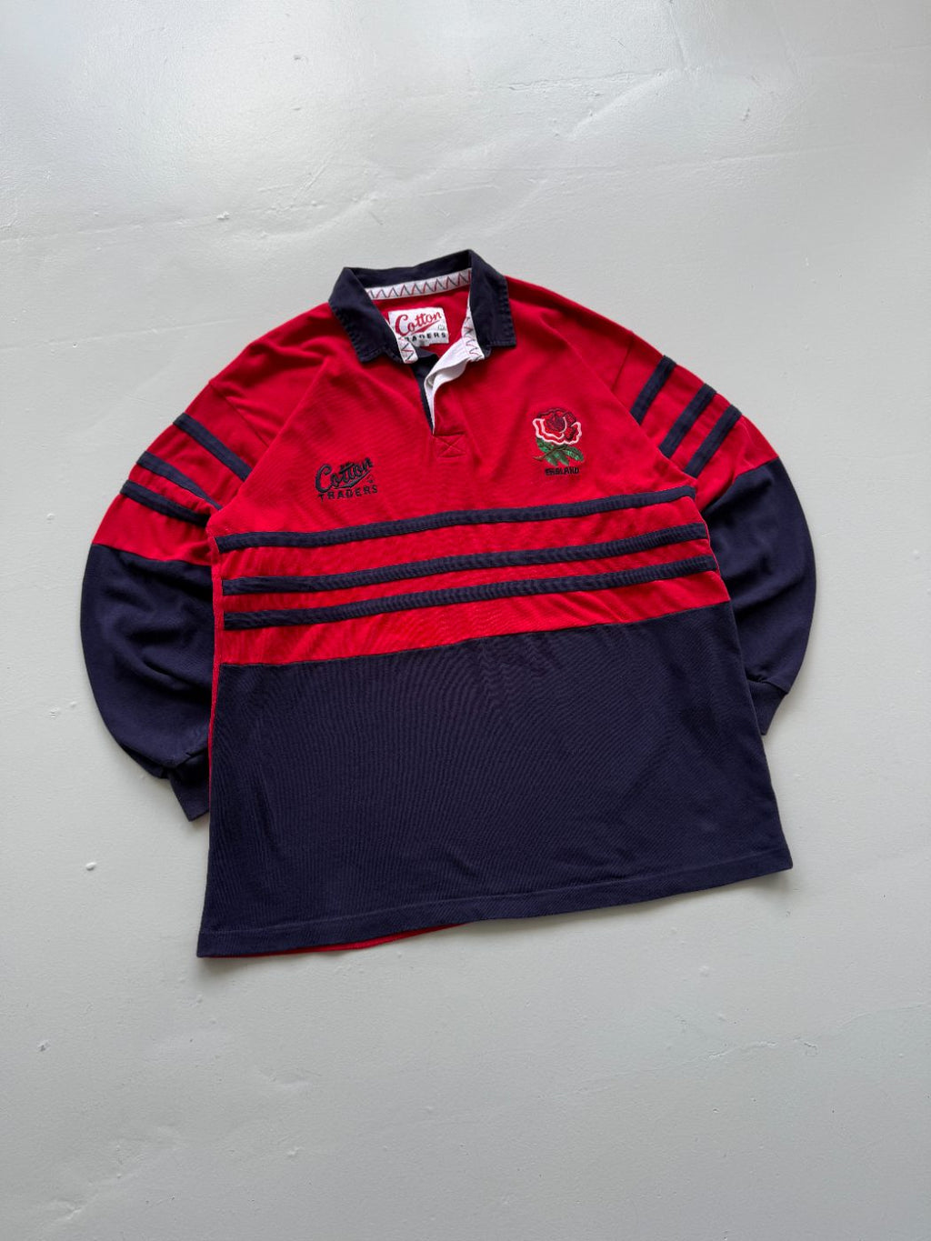 Cotton Traders England Rose Vintage Long Sleeve Rugby Polo Jersey - Large