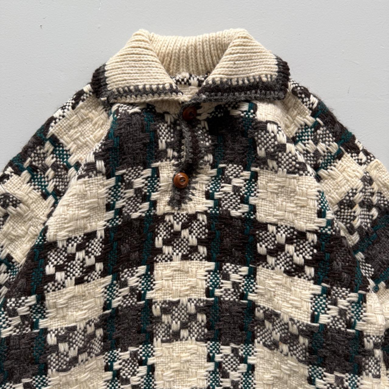 Cream Check Knitted 90s Vintage Knit Polo Sweatshirt - Large