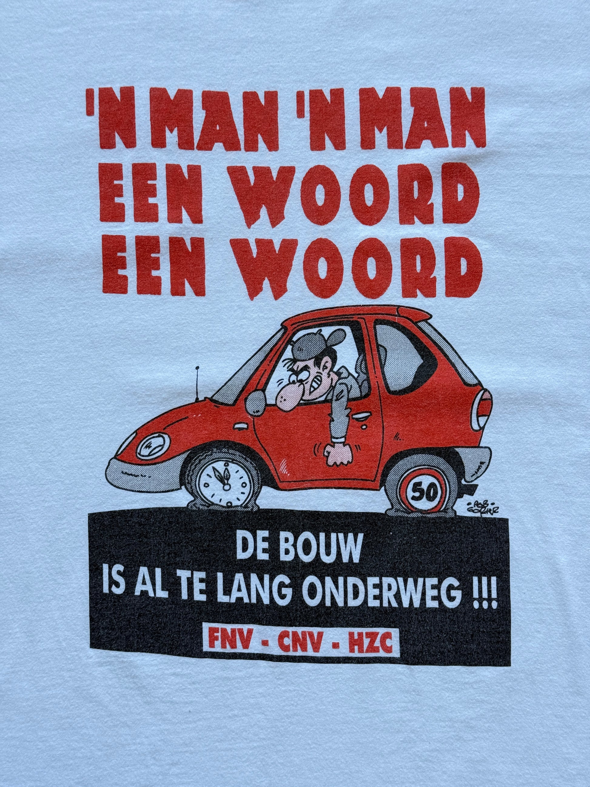 White Dutch Union FNV CNV HZC Car Cartoon 90's Vintage Graphic T-Shirt - XL