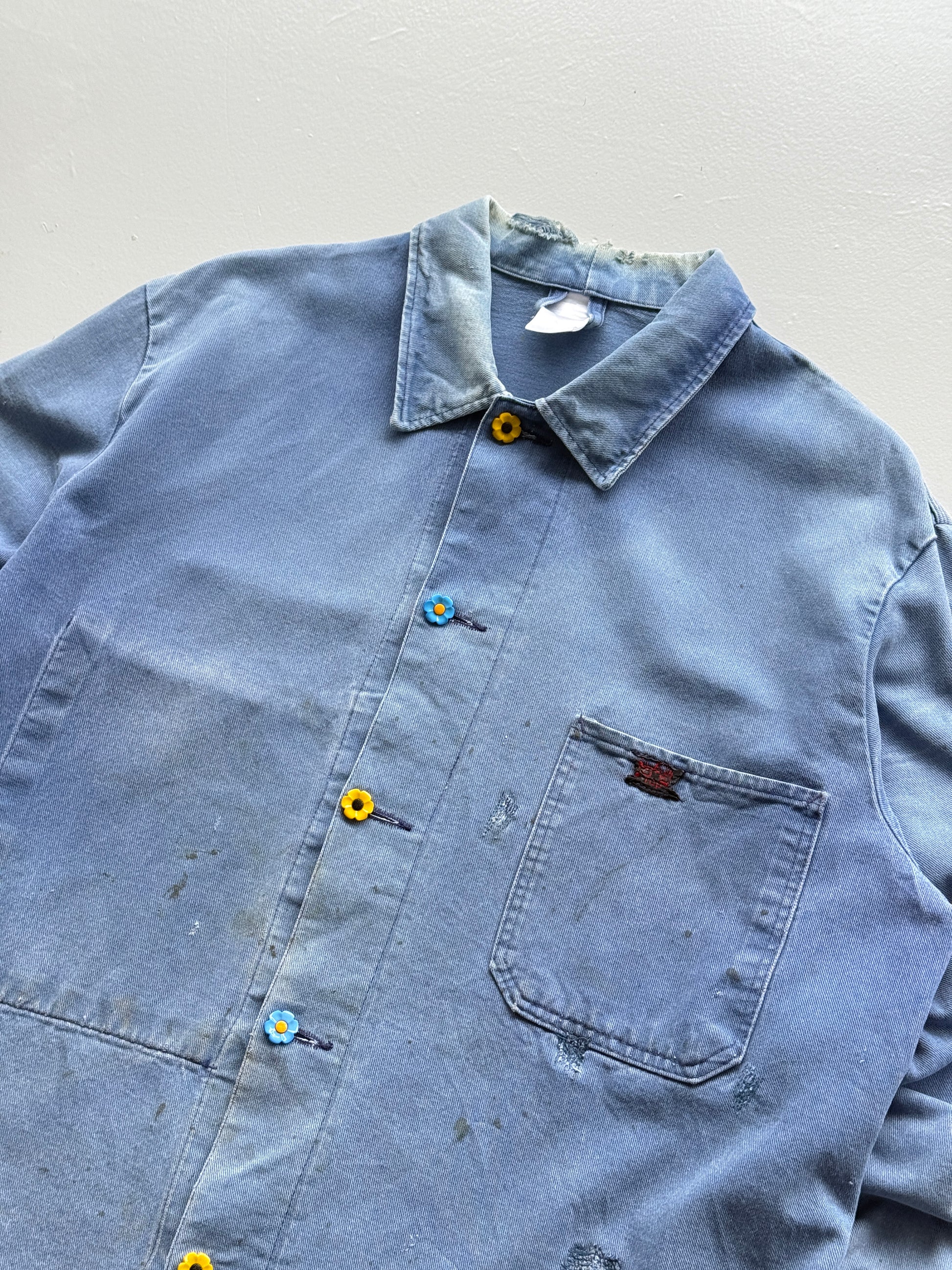Faded Blue Thrashed French Chore Jacket 80's Vintage Workwear CH219 - Medium