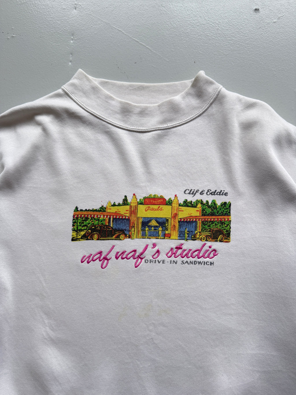 White Naf Naf 90's Vintage Graphic Sweatshirt Jumper - Large