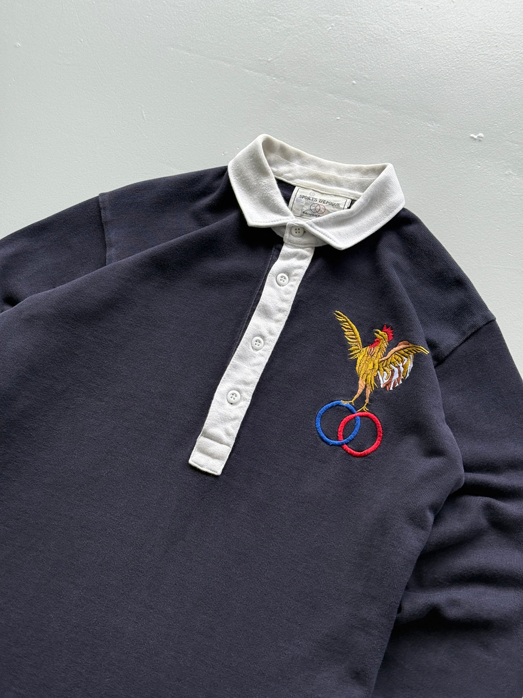 Navy Blue French Rugby 90's Vintage Long Sleeve Jersey Polo - Medium