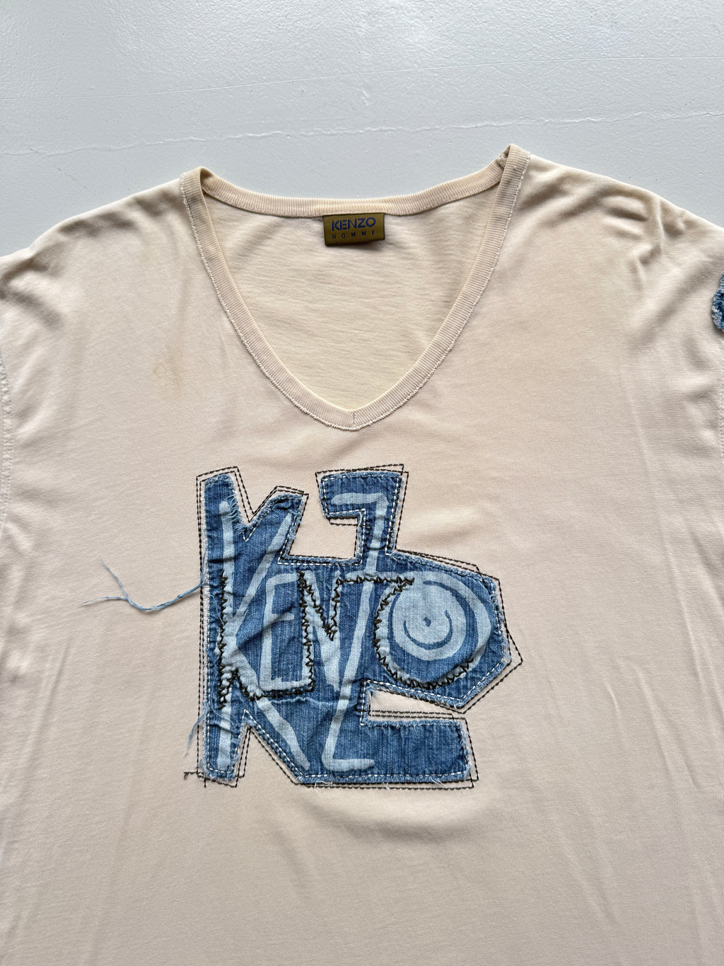Beige Kenzo Y2K Denim Embroidered V-Neck T-Shirt 00's Vintage