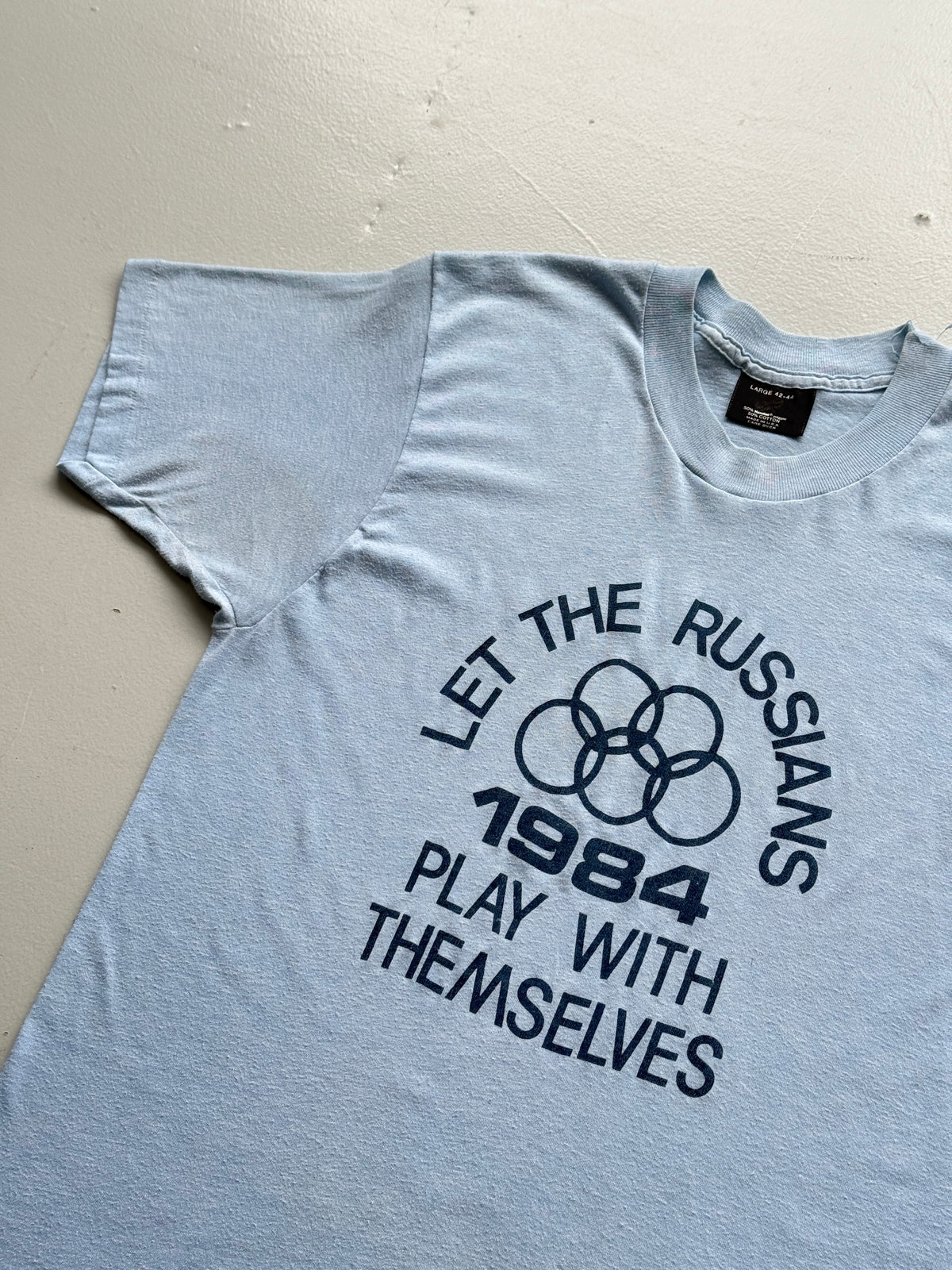 Light Blue Let The Russians 1984 Olympics 80's Vintage Cropped T-Shirt - Small