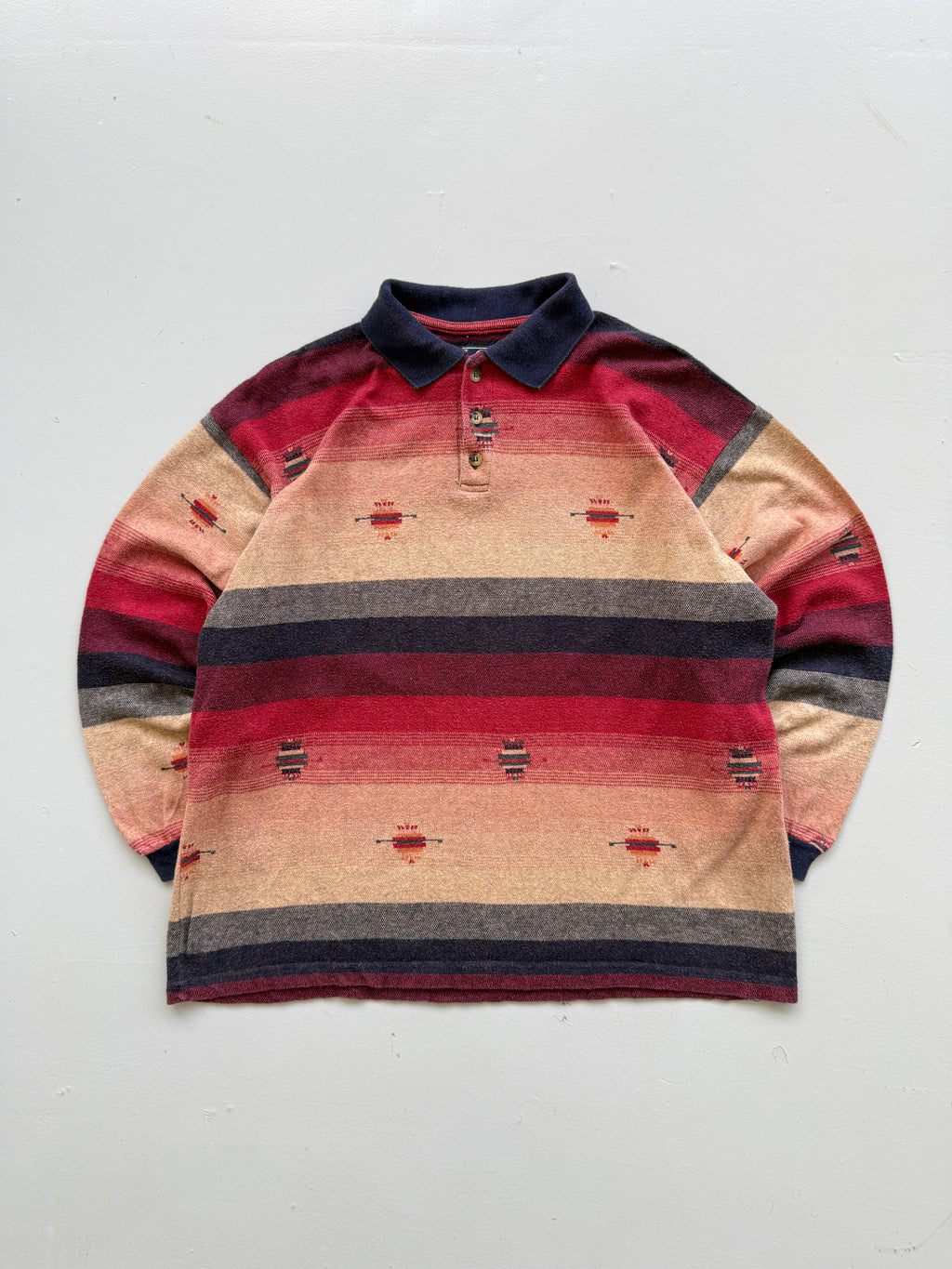 Navajo Aztec Stripe 90's Vintage Long Sleeve Cotton Polo - Medium