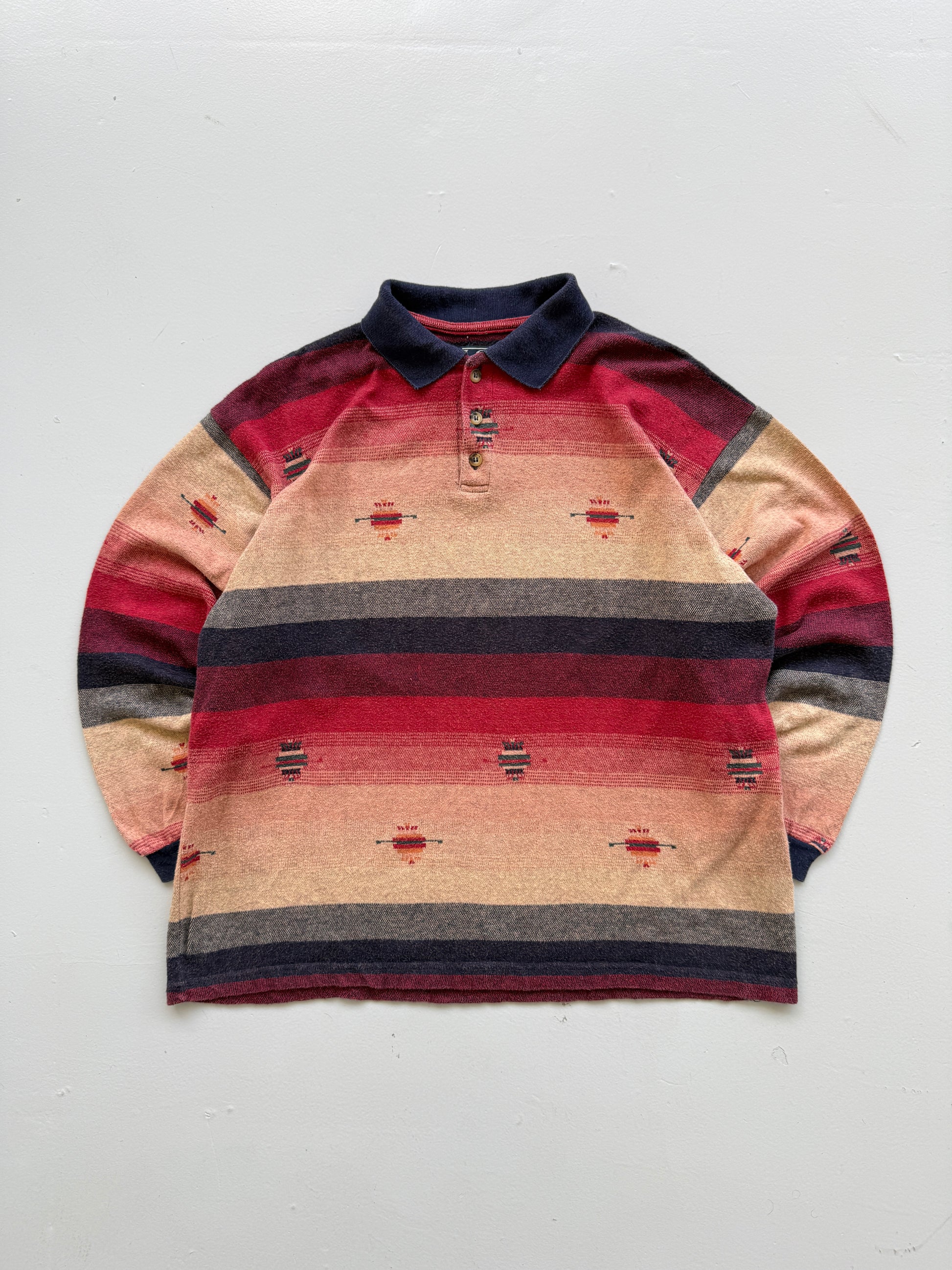 Navajo Aztec Stripe 90's Vintage Long Sleeve Cotton Polo - Medium