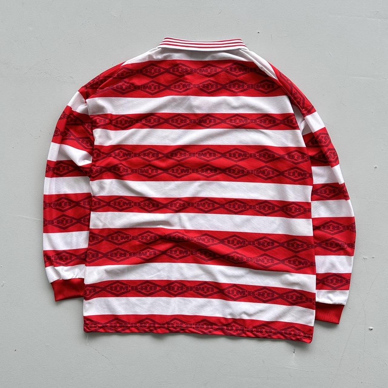 Red Striped 90's Umbro Football Long Sleeved Vintage Shirt - Large