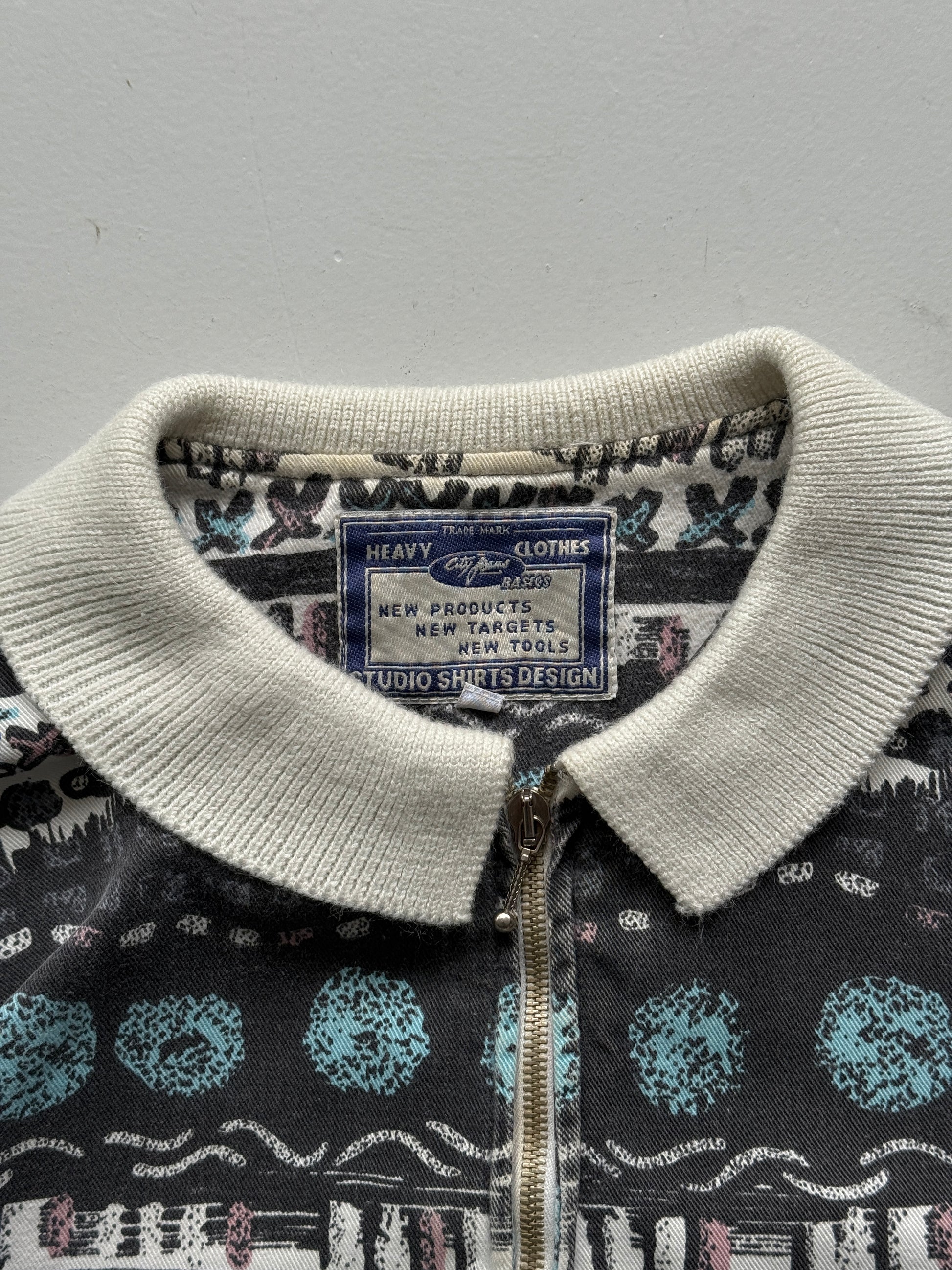 Striped Pattern Studio Shirt 80's Vintage Quarter Zip Pullover - XL