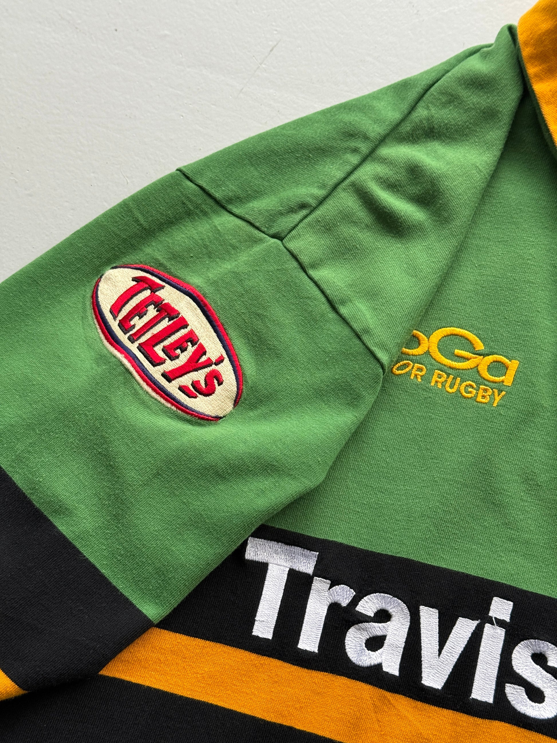 Green Striped Northampton Saints Rugby 00's Vintage Long Sleeve Jersey - XL