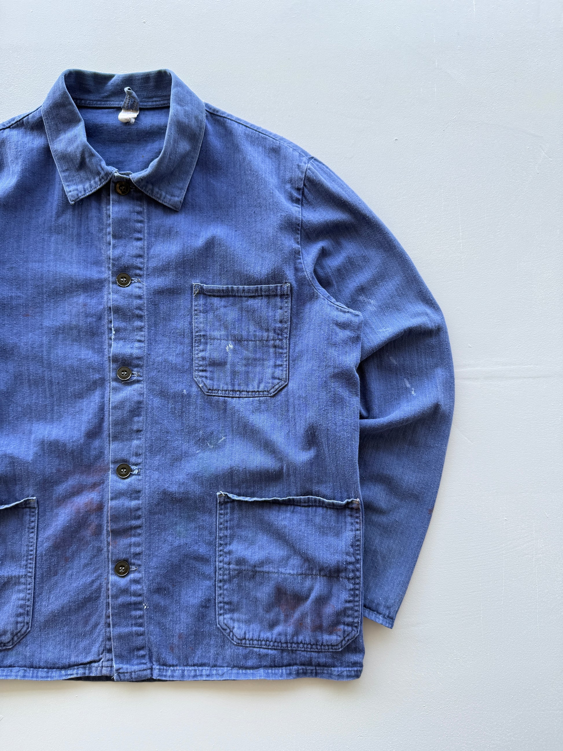 Blue French Chore Jacket 90's Vintage Herringbone Workwear CH309 - Medium