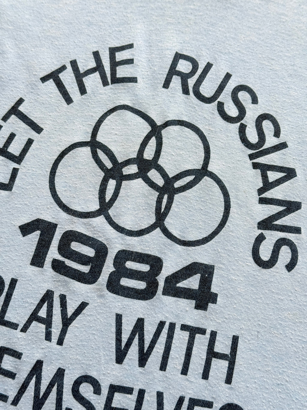 Light Blue Let The Russians 1984 Olympics 80's Vintage Cropped T-Shirt - Small