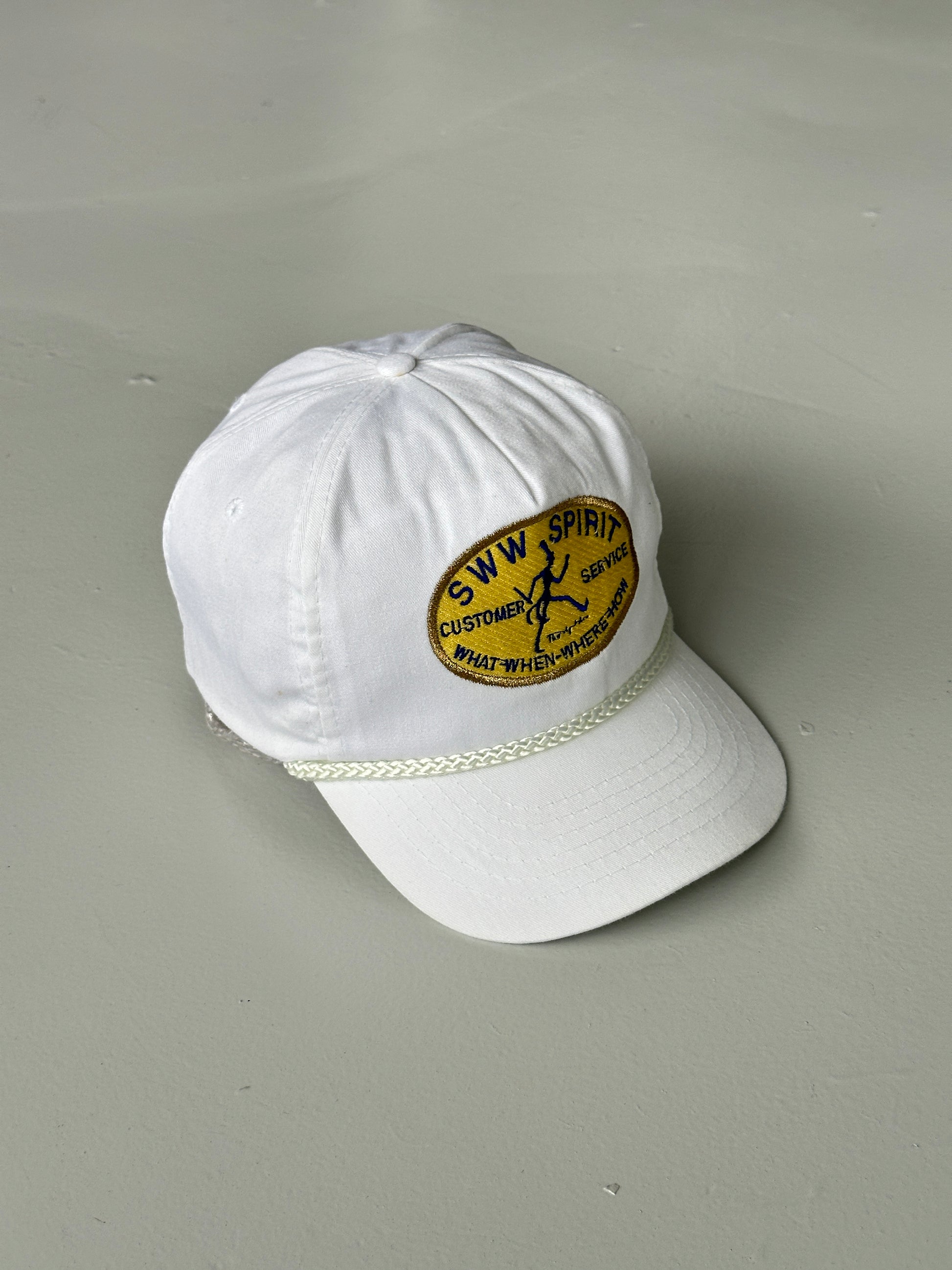 White SWW Spirit Customer Service 90's Vintage SnapBack Trucker Cap