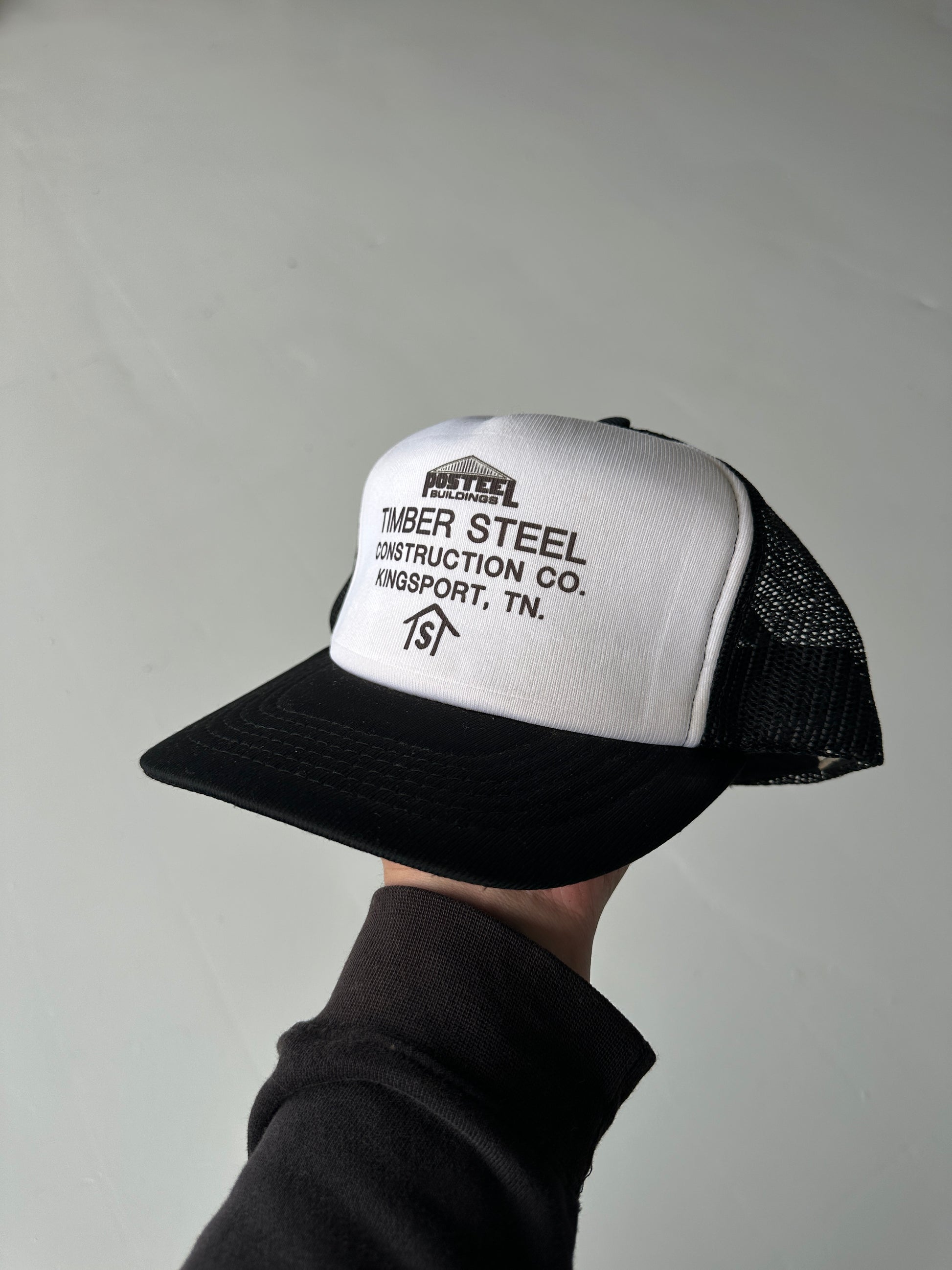 White / Black Timber Steel Construction Co. Vintage Foam SnapBack Trucker Cap