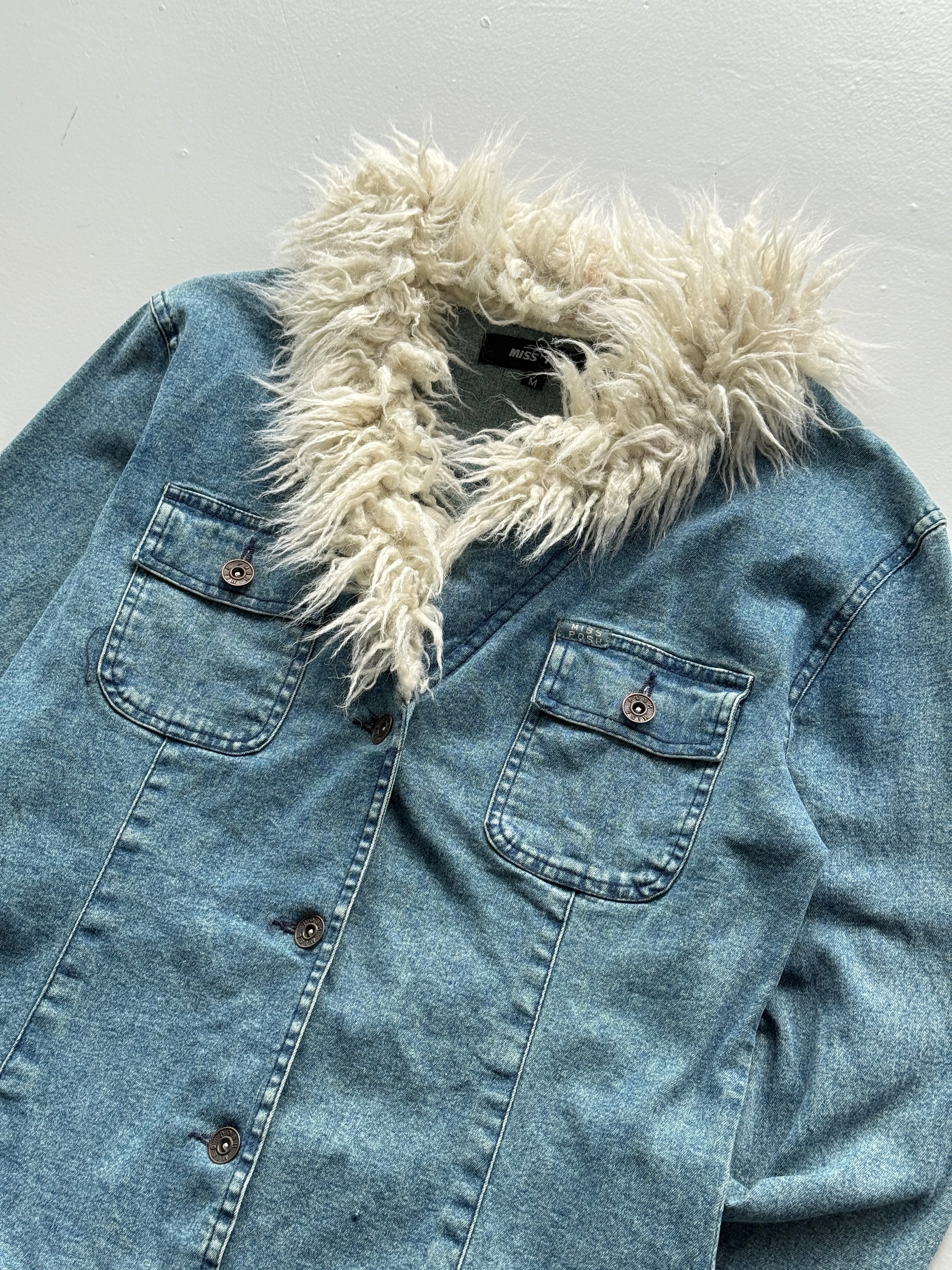 Blue Miss Posh 00's Vintage Y2K Denim Fur Jacket - Size 6