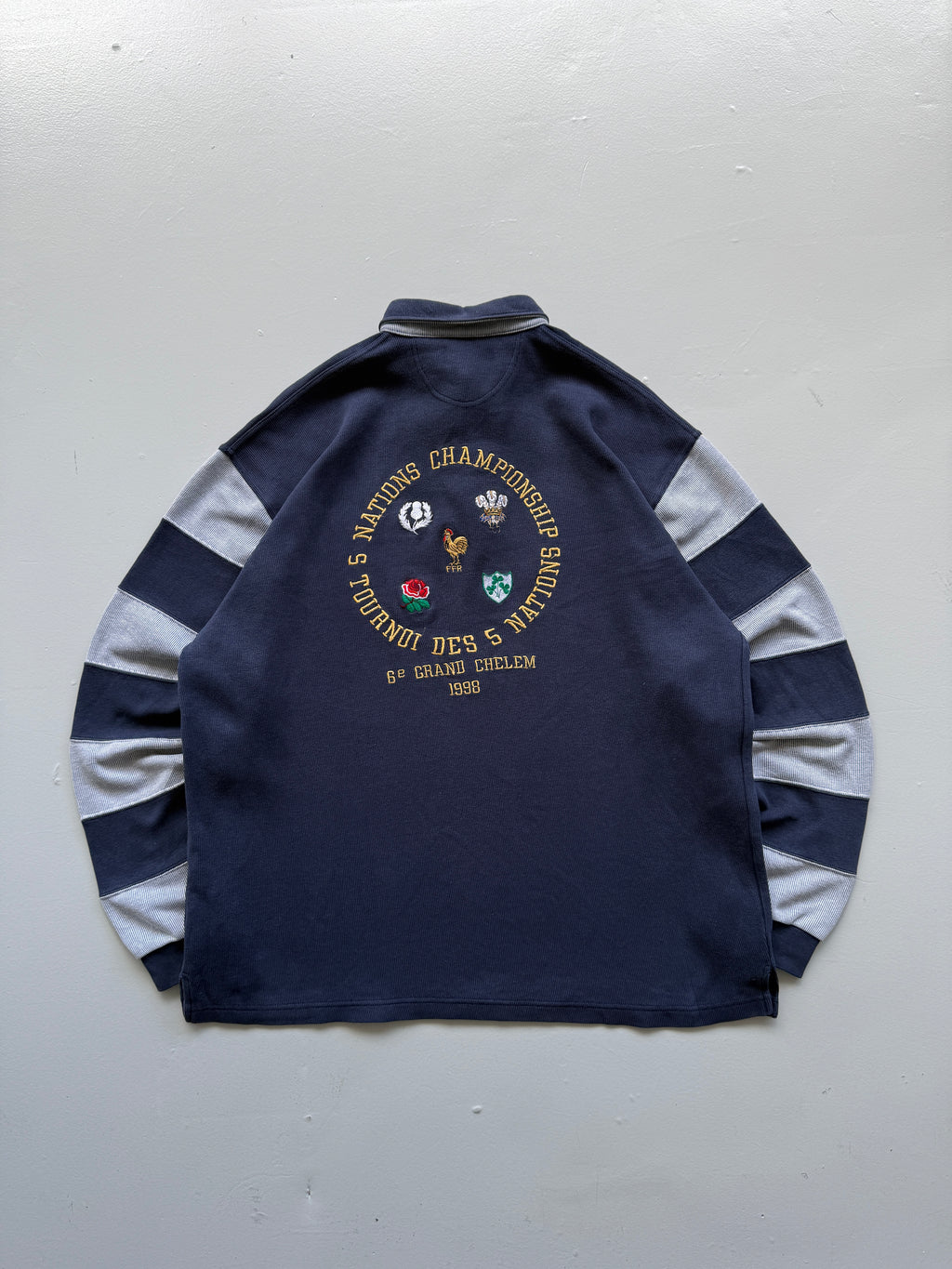 Navy Blue Five Nations 90's Vintage Long Sleeve Rugby Polo Jersey - XL
