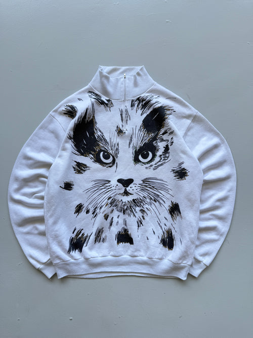 White Cat Graphic 80's Vintage Quarter Zip Sweatshirt - Medium
