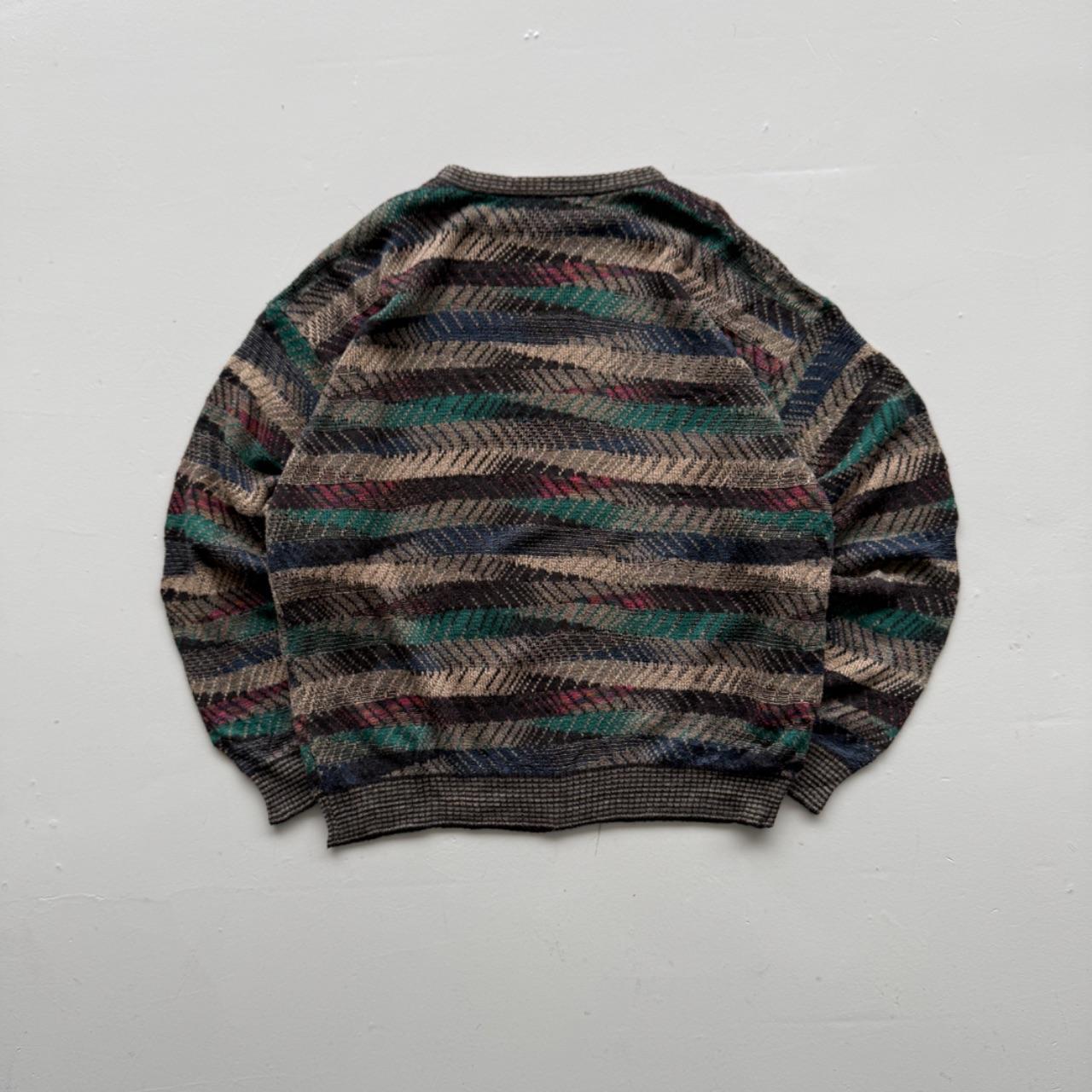 Green Blue Striped Knitted 80s Vintage 3D Knit Jumper - XXL