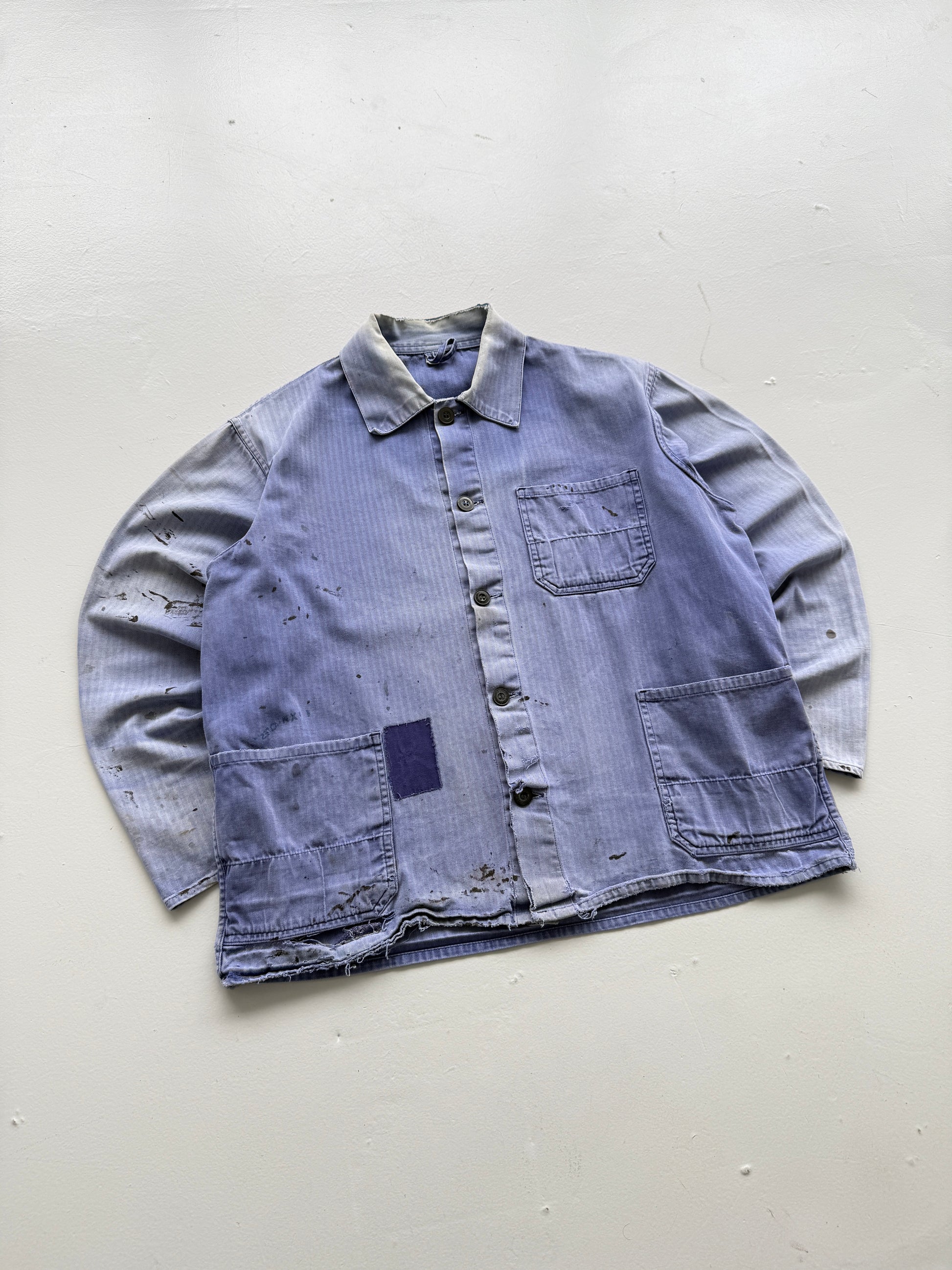 Thrashed Blue Herringbone 60's French Vintage Workwear Chore Jacket CH382 - Smal
