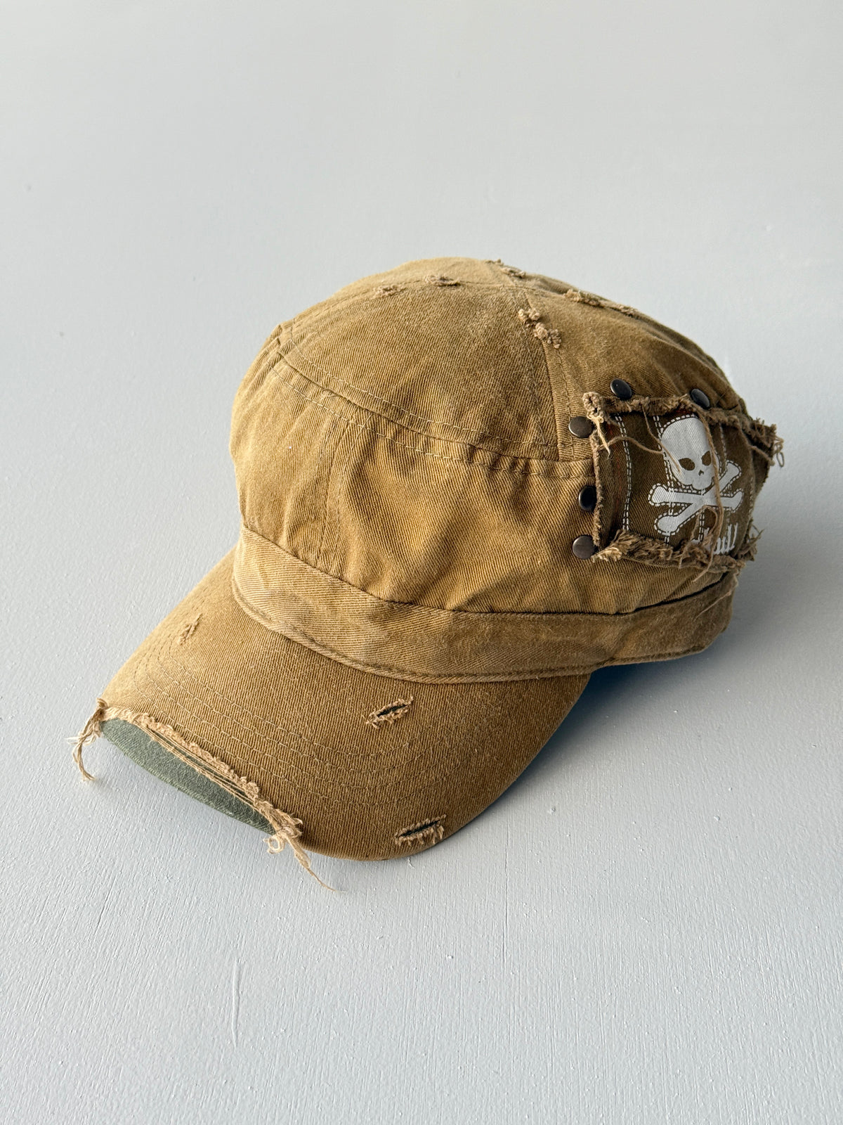 Khaki Brown Distressed Y2K Cadet Cap Military Style 00's Grunge Aesthetic