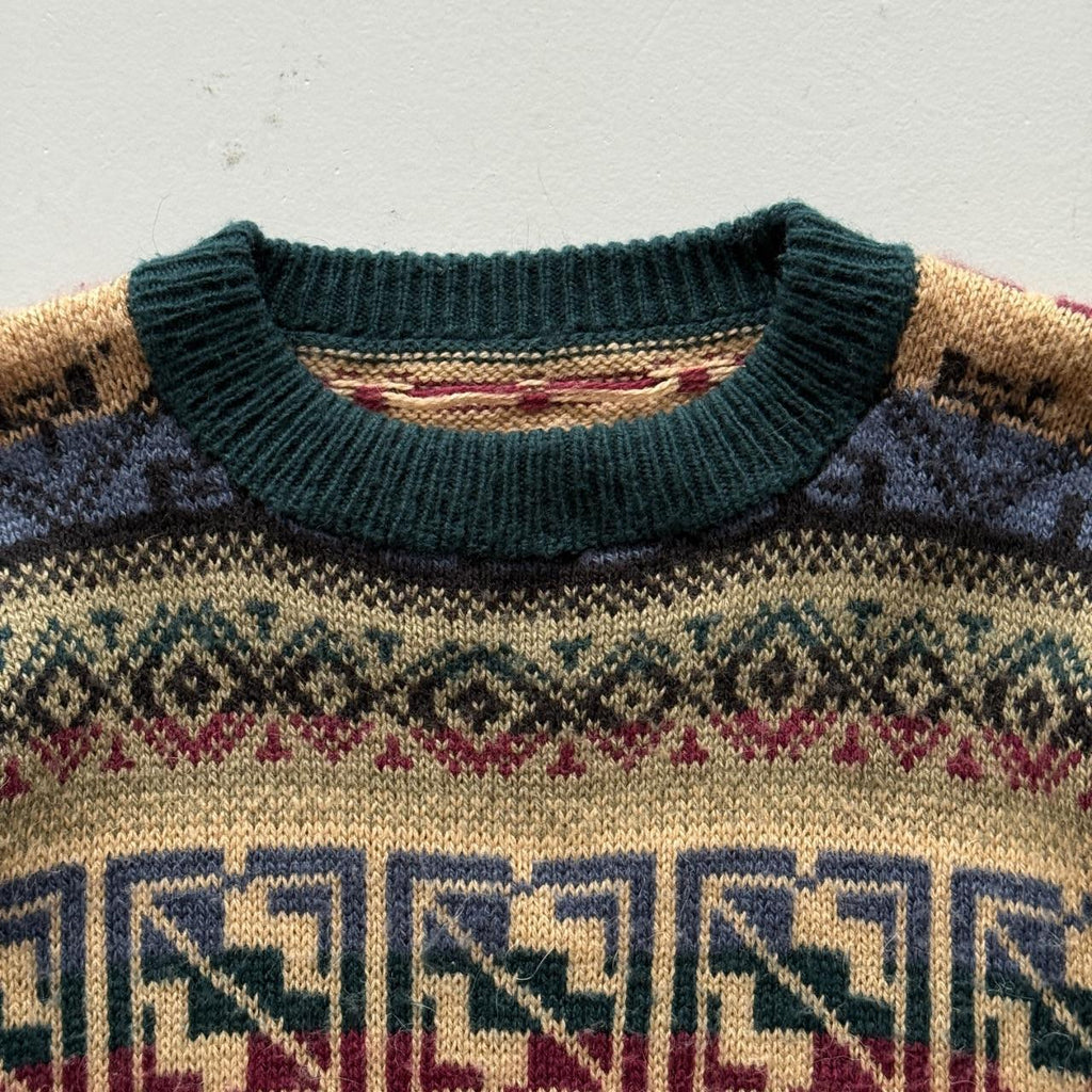 Green Aztec Woollen 90's Vintage Geometric Pattern Knit Jumper - Medium