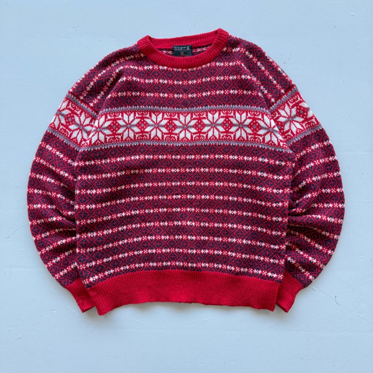 Red Raindeer Woollen 90's Vintage Christmas Pattern Wool Knit Jumper - Large