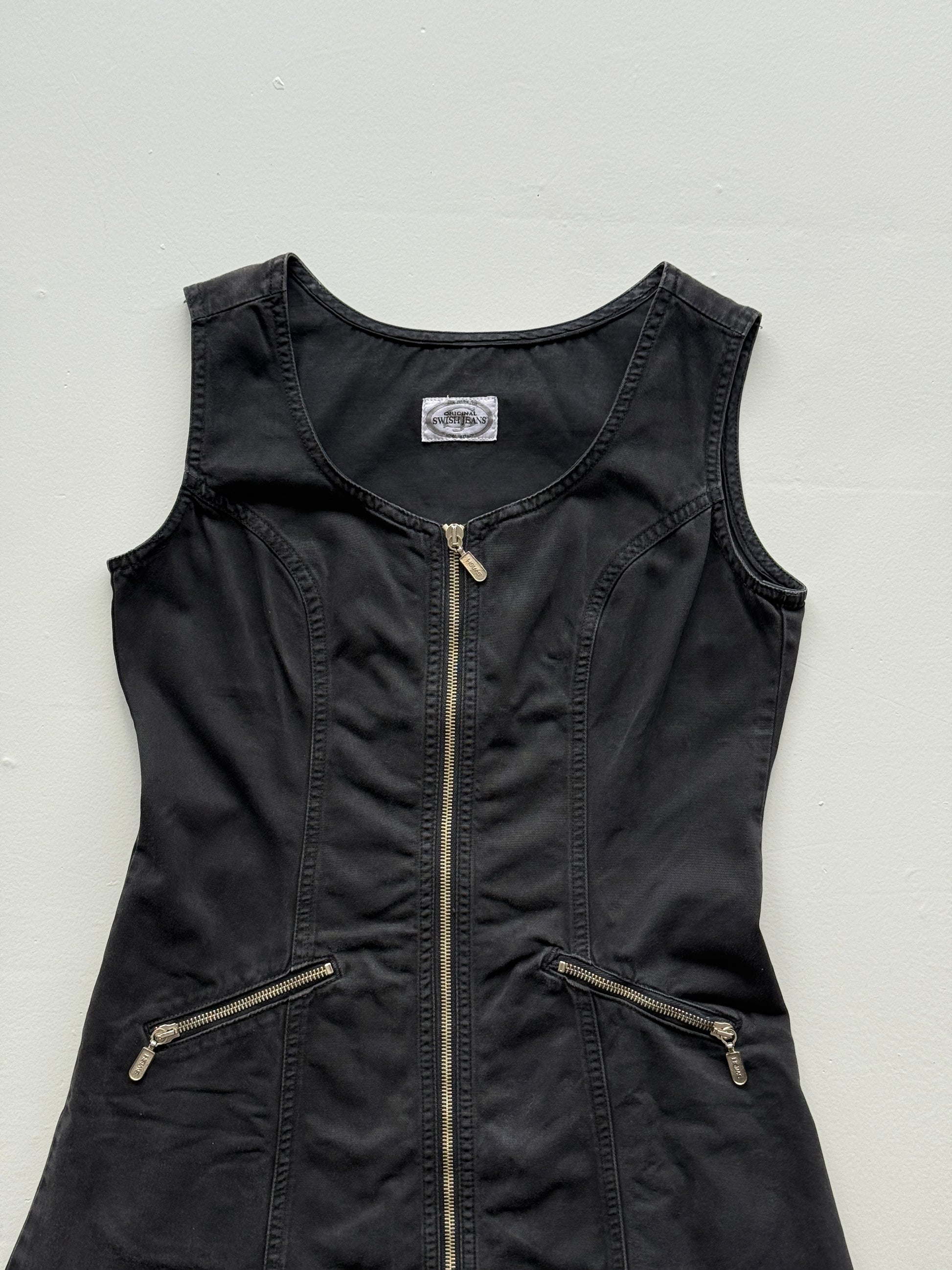 Black Swish Jeans 00's Vintage Y2K Pinafore Mini Dress - Size 8