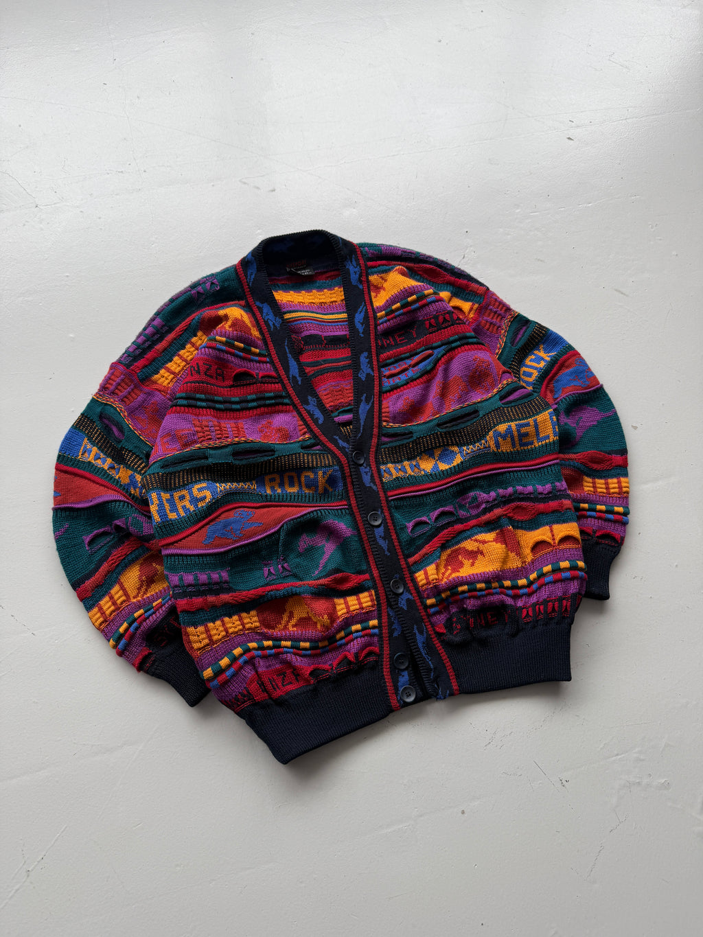 Colourful 3D Knit Woollen 90's Australian Hysport Cardigan -14 / Mens Medium