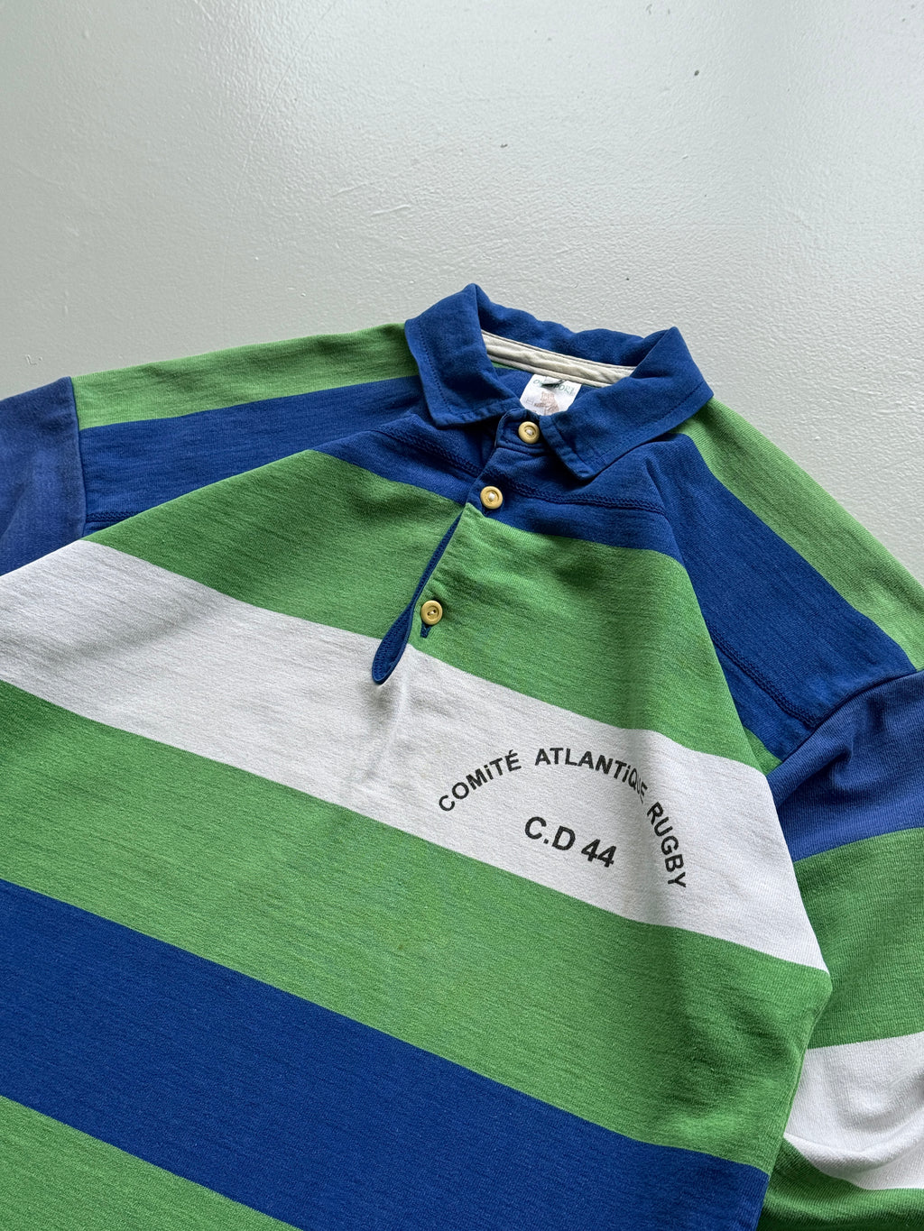 Green Striped French Rugby 90's Vintage Long Sleeve Polo Jersey - Large