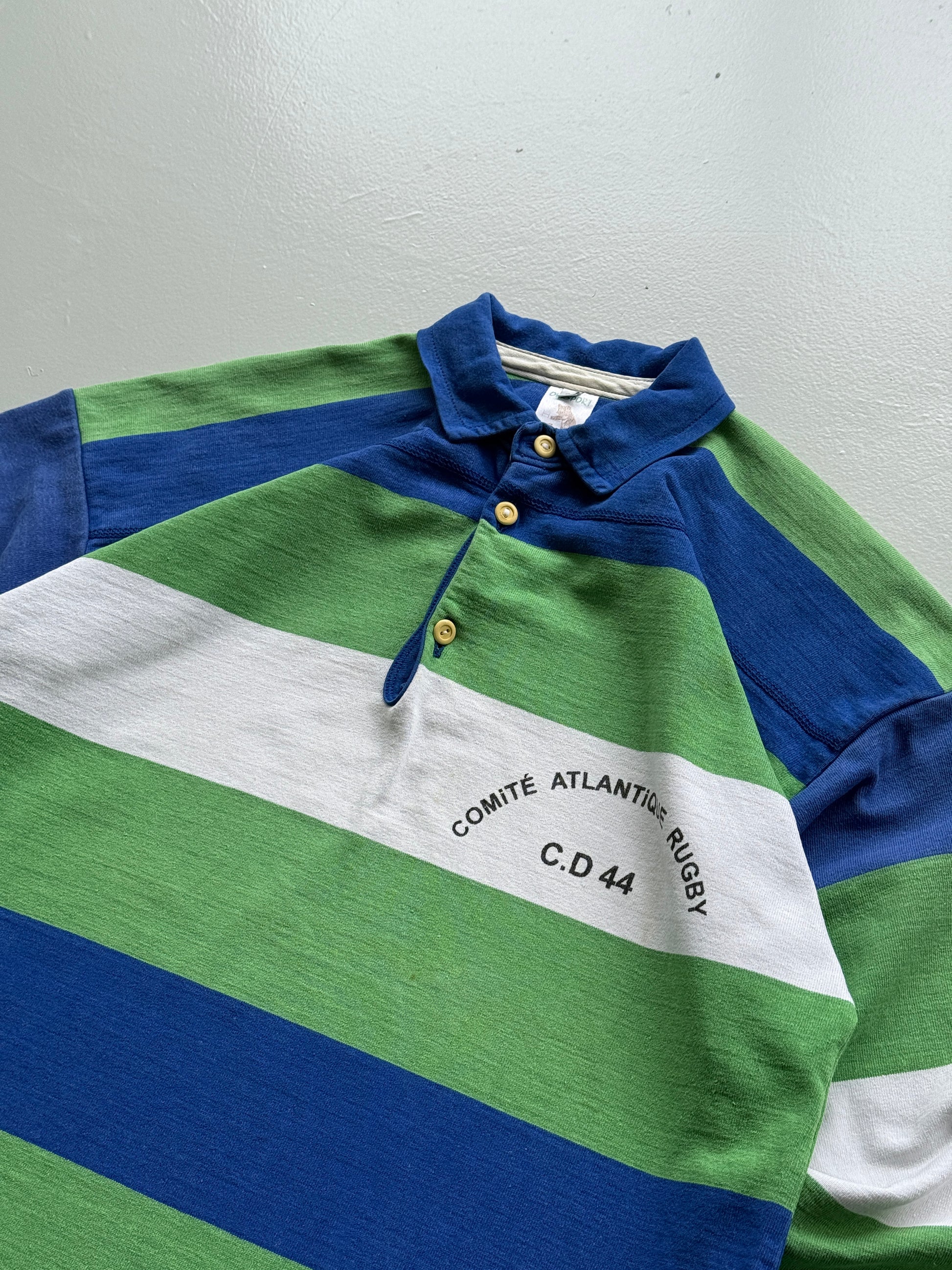 Green Striped French Rugby 90's Vintage Long Sleeve Polo Jersey - Large