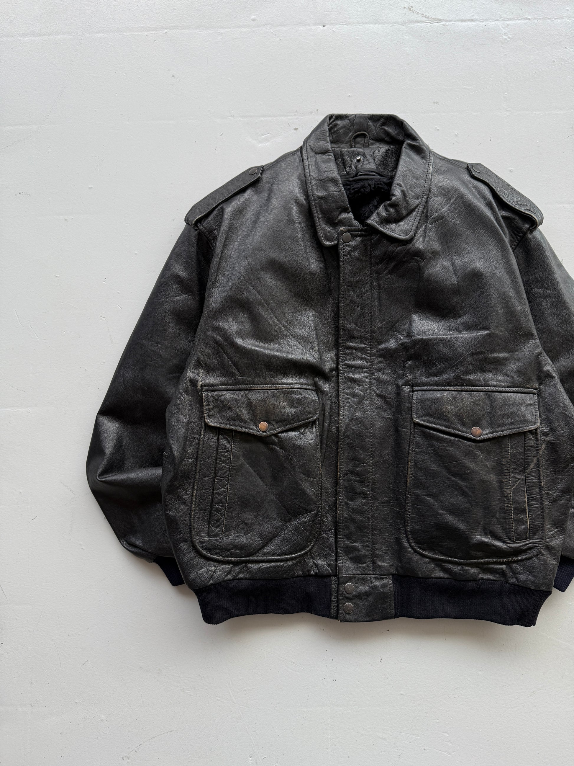 Black A2 Leather Vintage Lined Aviation Bomber Jacket 004 - XL