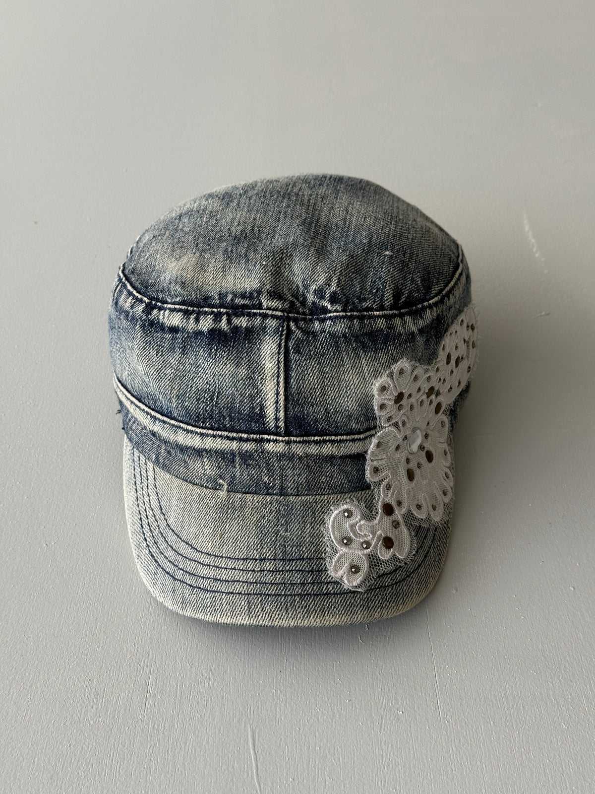Denim Floral Distressed Y2K Cadet Cap Military Style 00's Grunge Aesthetic