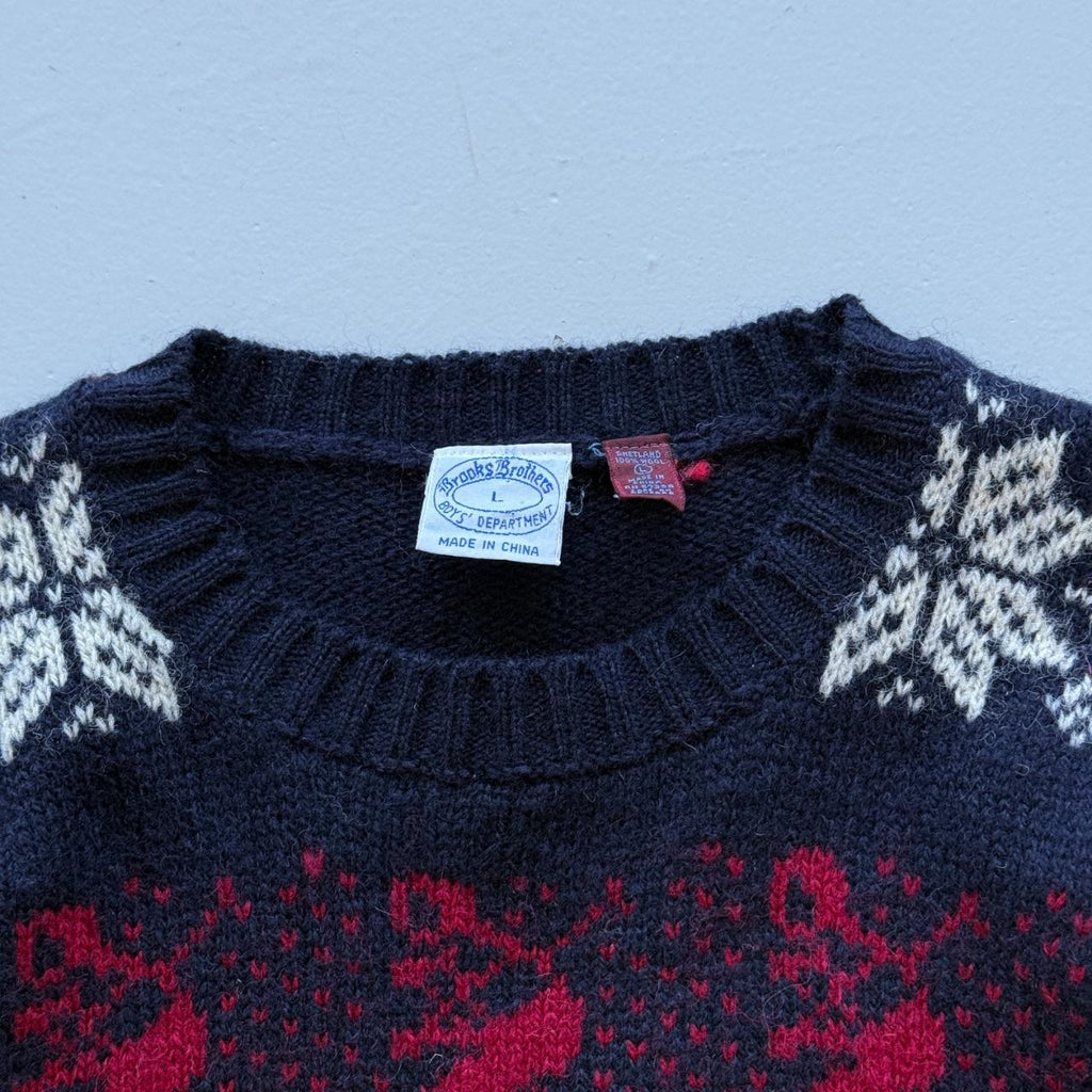 Navy Blue Brooks Brothers Woollen 90's Vintage Christmas Pattern Knit Jumper - Womens 10