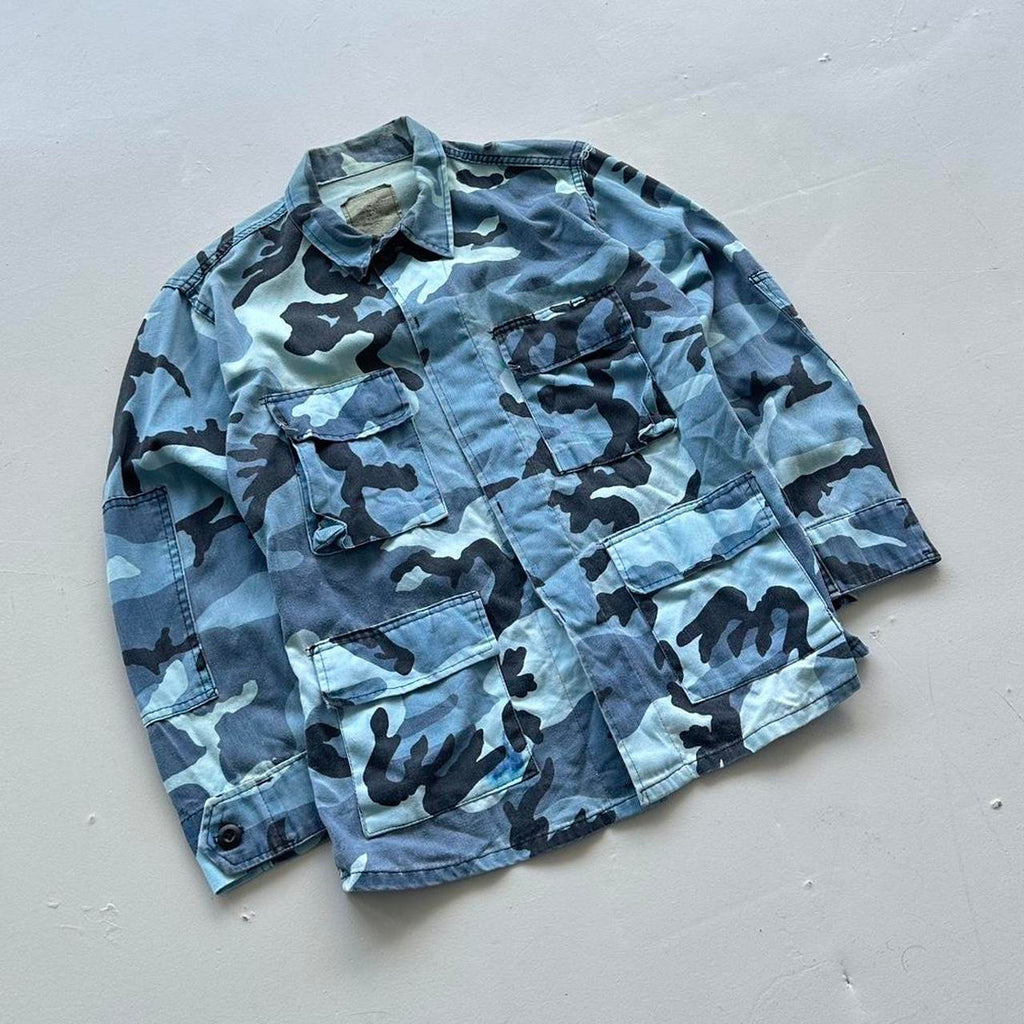 Blue Camouflage 90s Button-Up Military Long Sleeve Over-shirt - Small