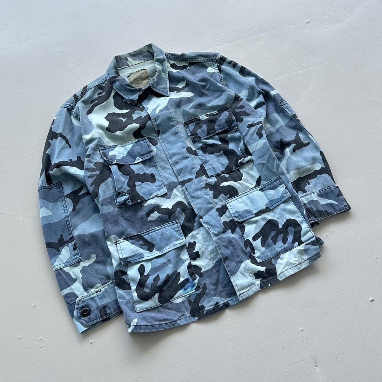 Blue Camouflage 90s Button-Up Military Long Sleeve Over-shirt - Small
