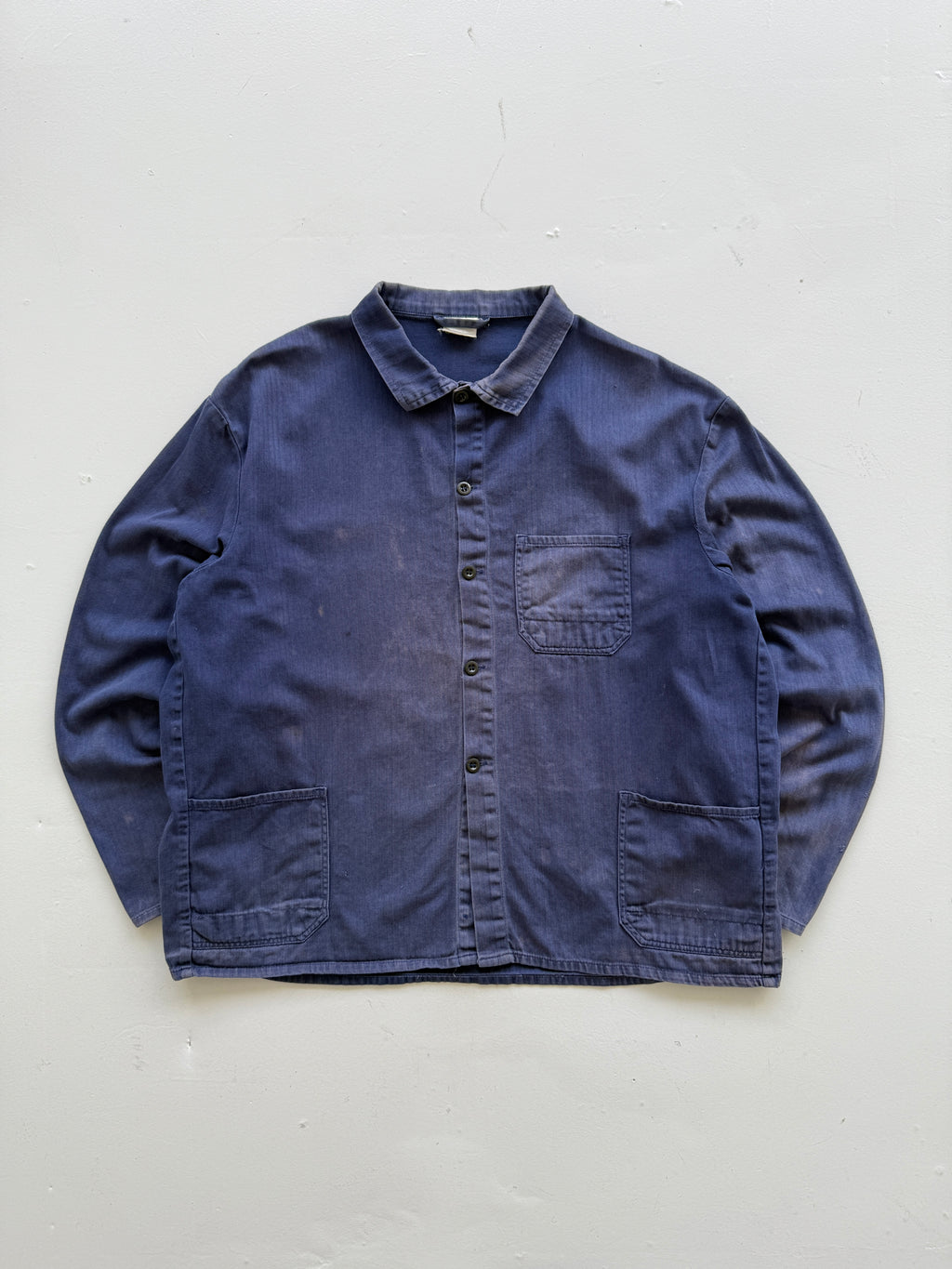Thrashed Blue Herringbone French Vintage Workwear Chore Jacket CH363 - Large